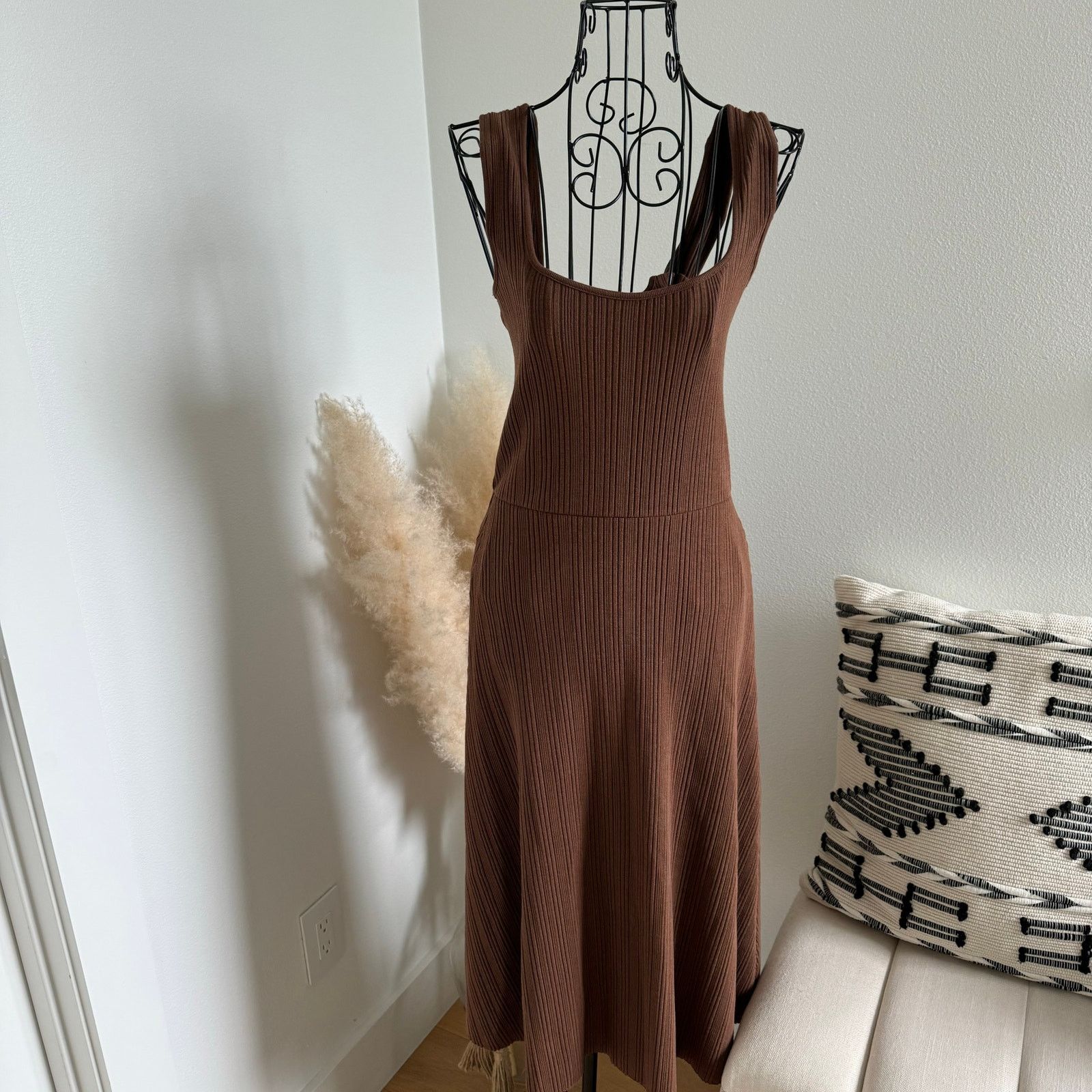 Vince Ribbed Knit Sweetheart Neck Tank Midi Dress Brown