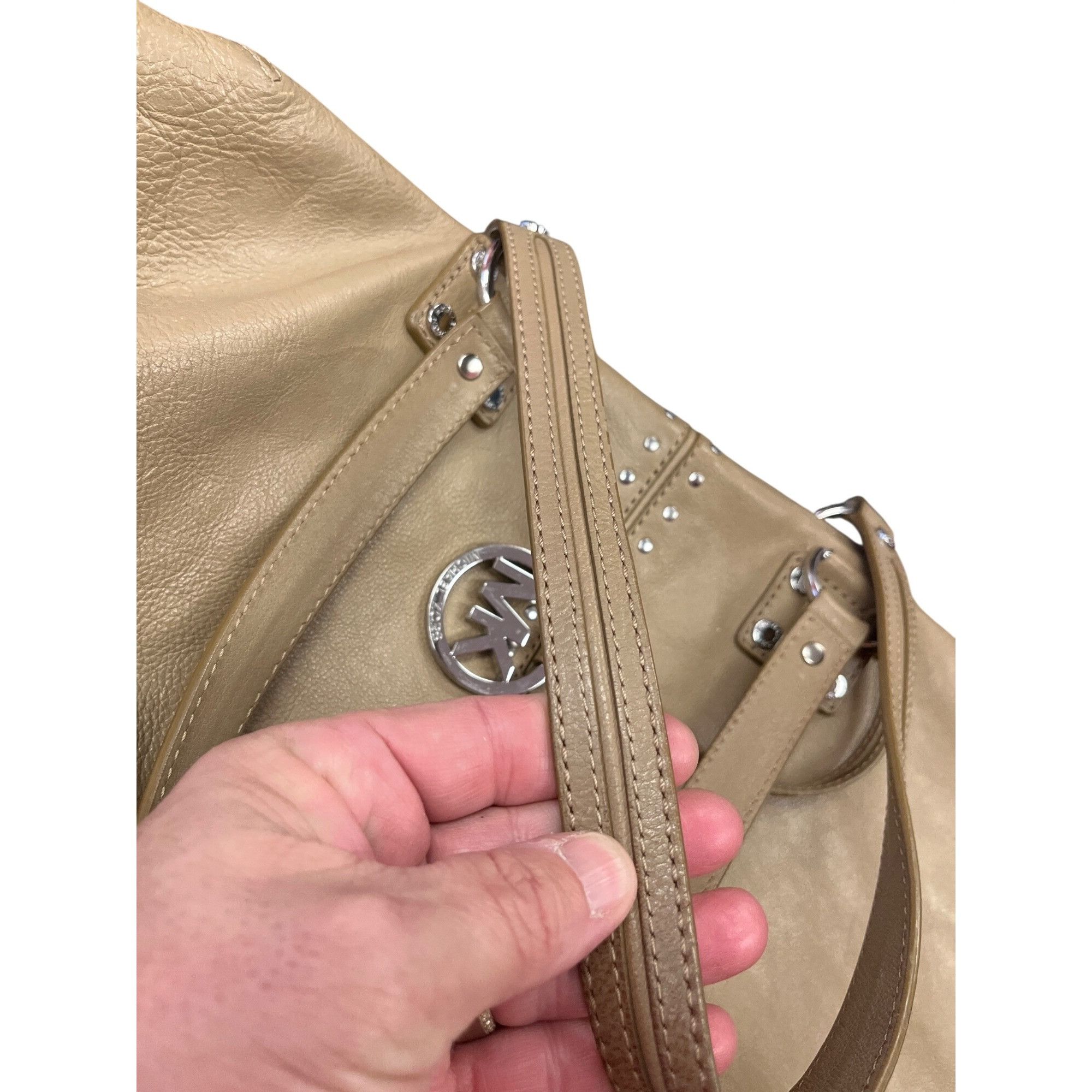 Michael Kors Michael Kors wms taupe tan leather studded hobo tote bag SKU Size ONE SIZE - 8 Thumbnail