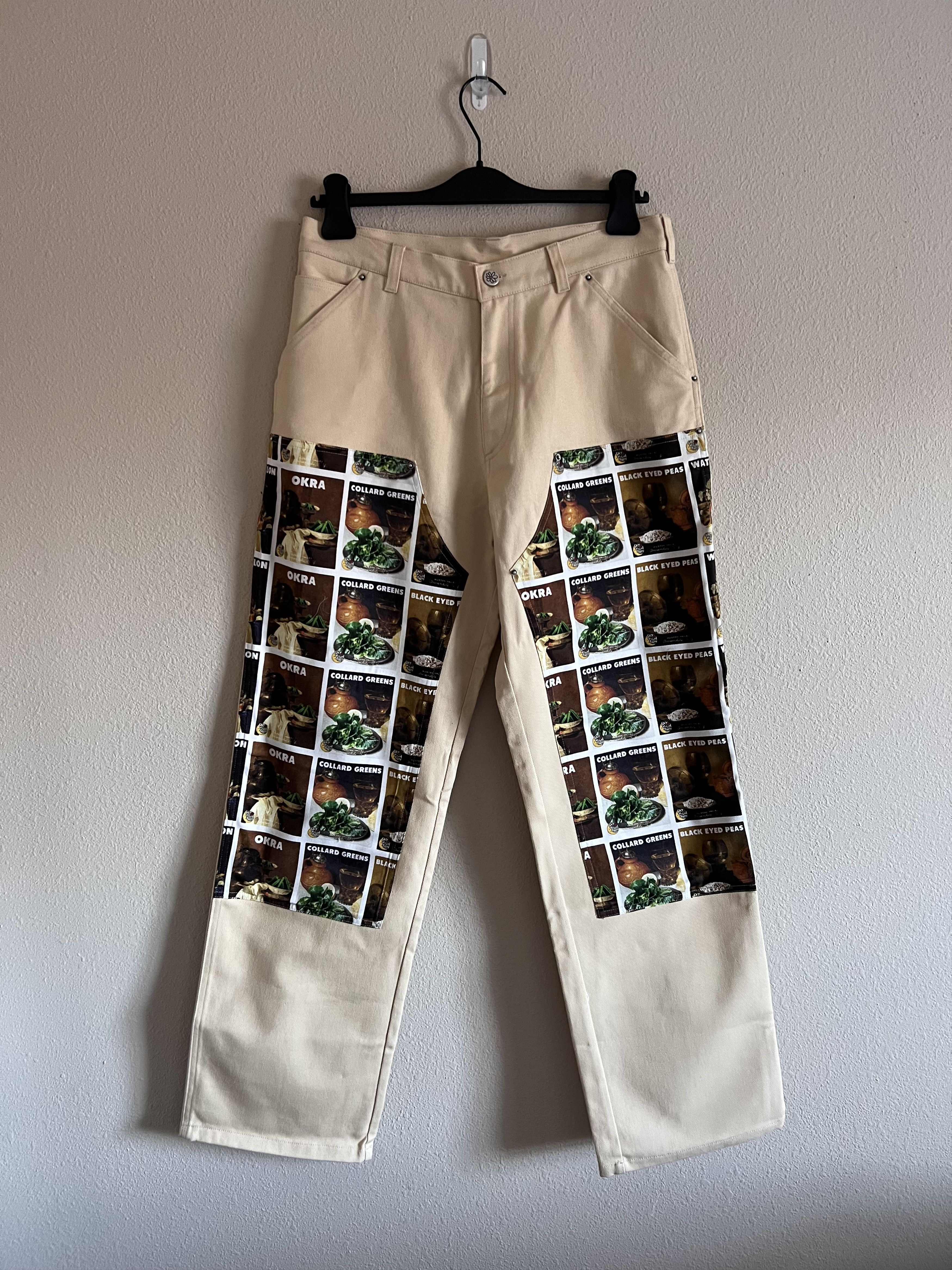 image of Denim Tears Sky High Farm Workwear Printed Double Knee Pants in Beige, Men's (Size 32)