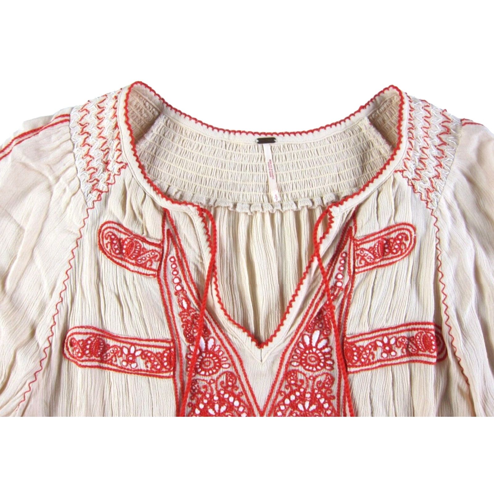 Free People VINTAGE Free People 100% Rayon Pink Red Embroidered Long Sleeve Tunic Smock Dress Small Size S / US 4 / IT 40 - 4 Thumbnail