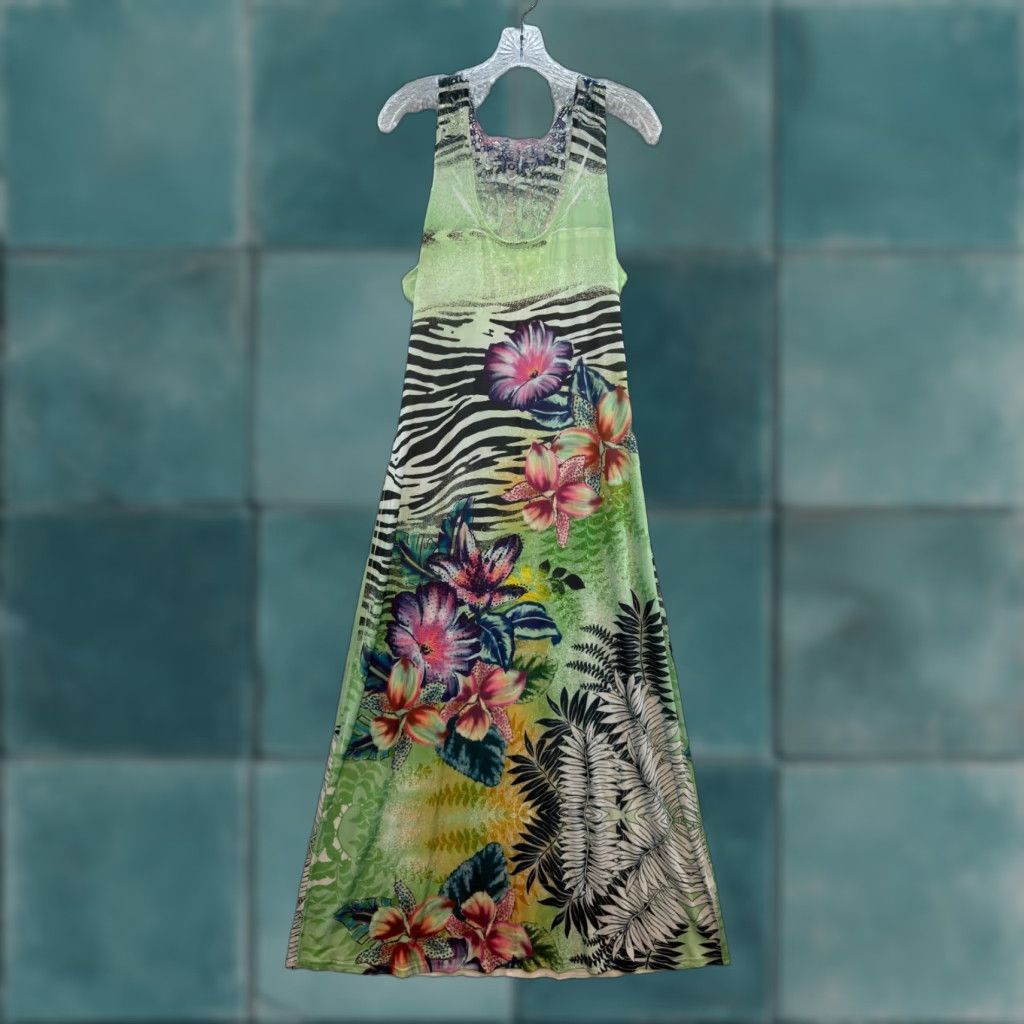 Vintage VINTAGE Ocean Blue Maxi Dress L Green Floral Zebra Rhinestone McBling Tropical Bohemian Y2K Women/Men? Size L / US 10 / IT 46 - 1 Thumbnail