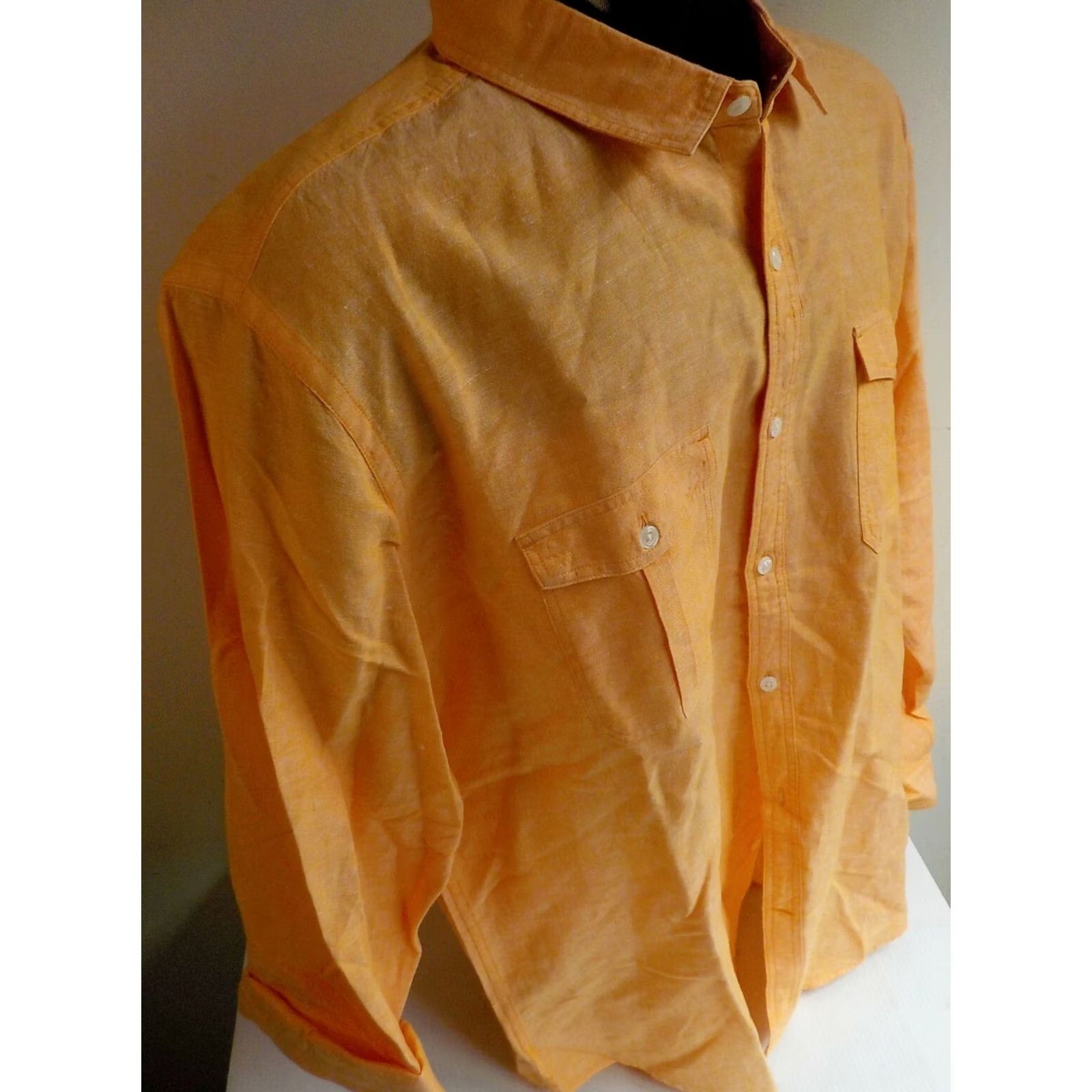 Express EXPRESS Men's Long Sleeve Button Front Linen Blend Shirt Orange XXL Size US XXL / EU 58 / 5 - 3 Thumbnail