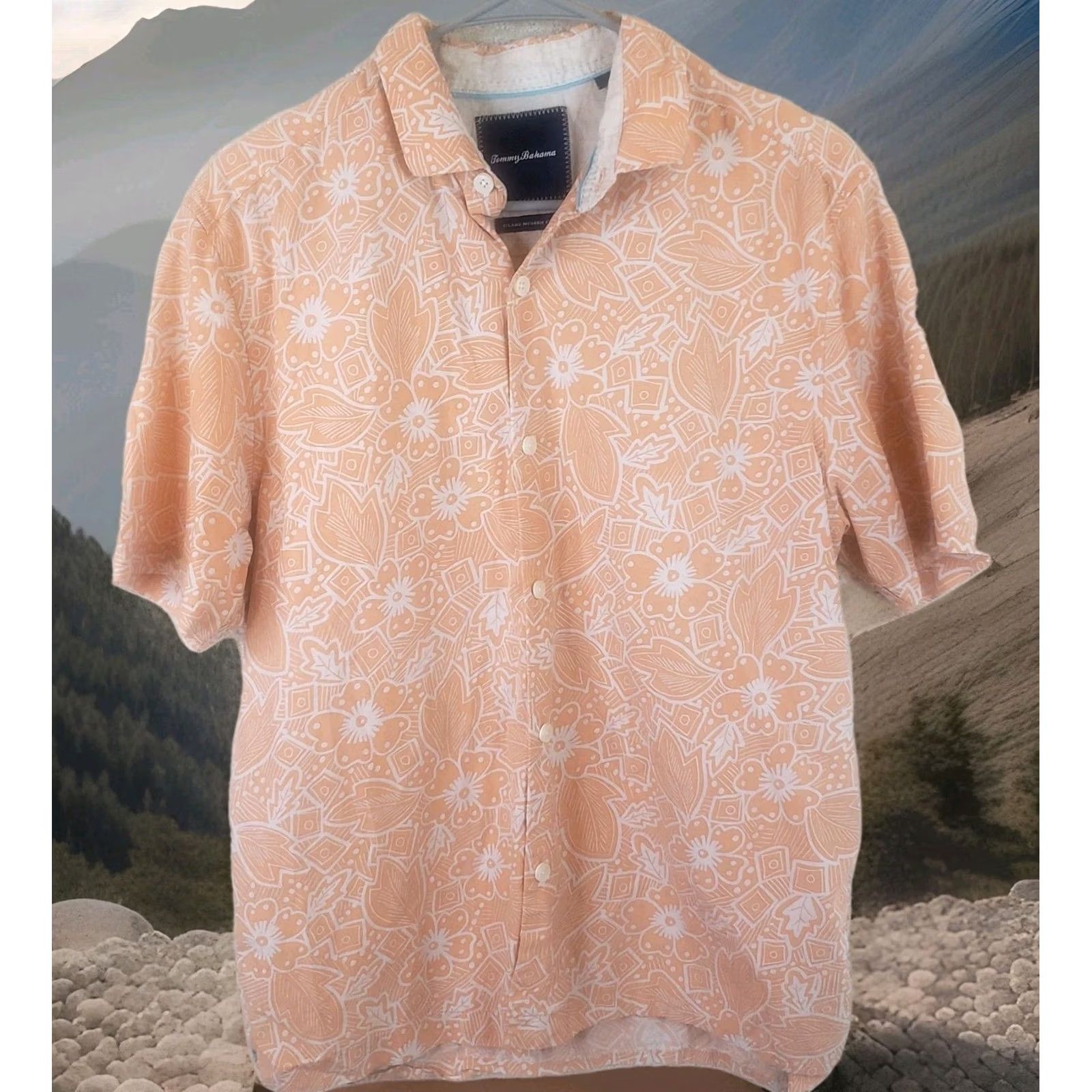Tommy Bahama Tommy Bahama Shirt Men M Hawaiian Peach Orange Silk Cotton Short Slv Button-Up Collar Geometric Floral Modern Island Fit Size US M / EU 48-50 / 2 - 2 Thumbnail