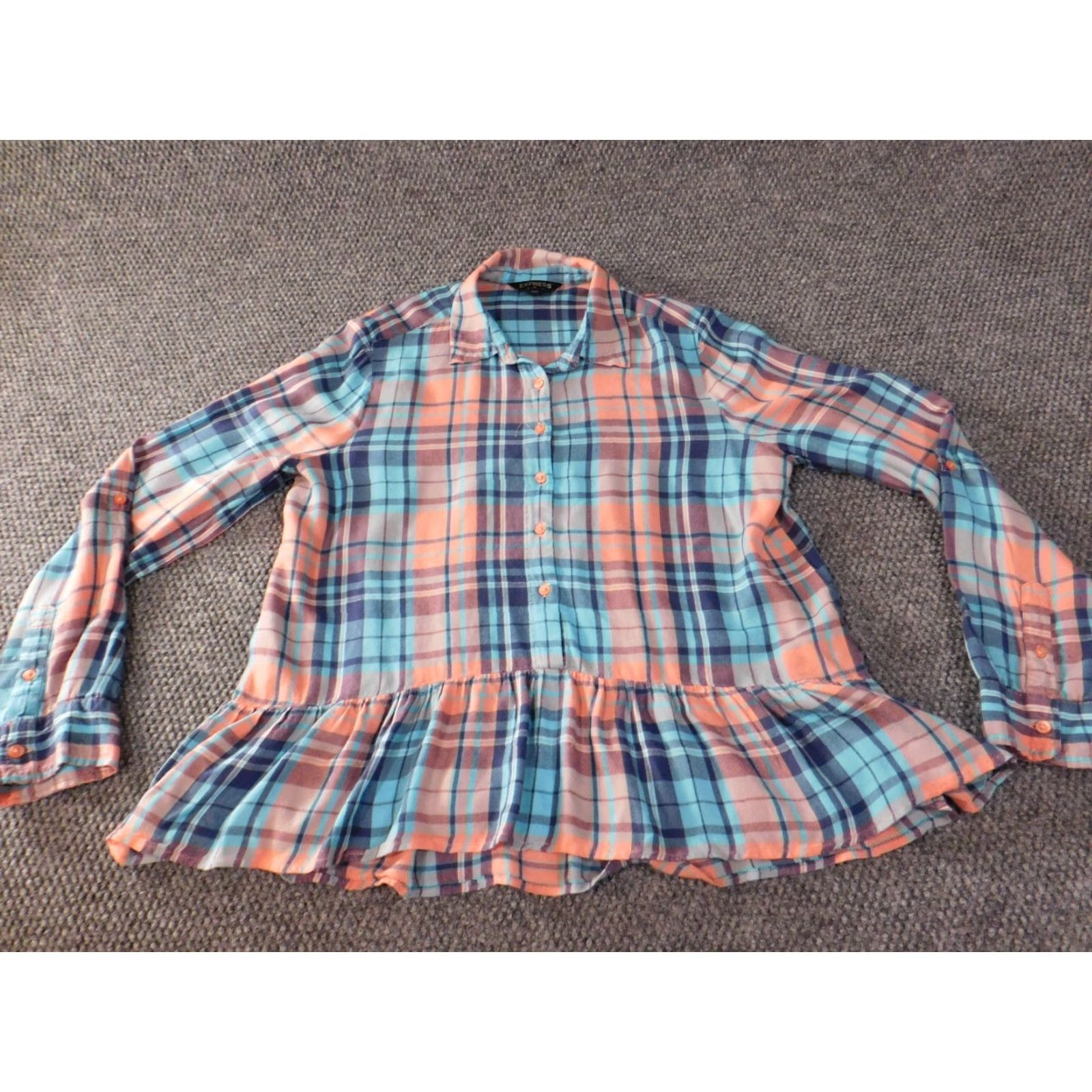 Express Express Button-Up Shirt Women M Blue Plaid Flannel Rayon Peplum Casual Shirt Size M / US 6-8 / IT 42-44 - 4 Thumbnail