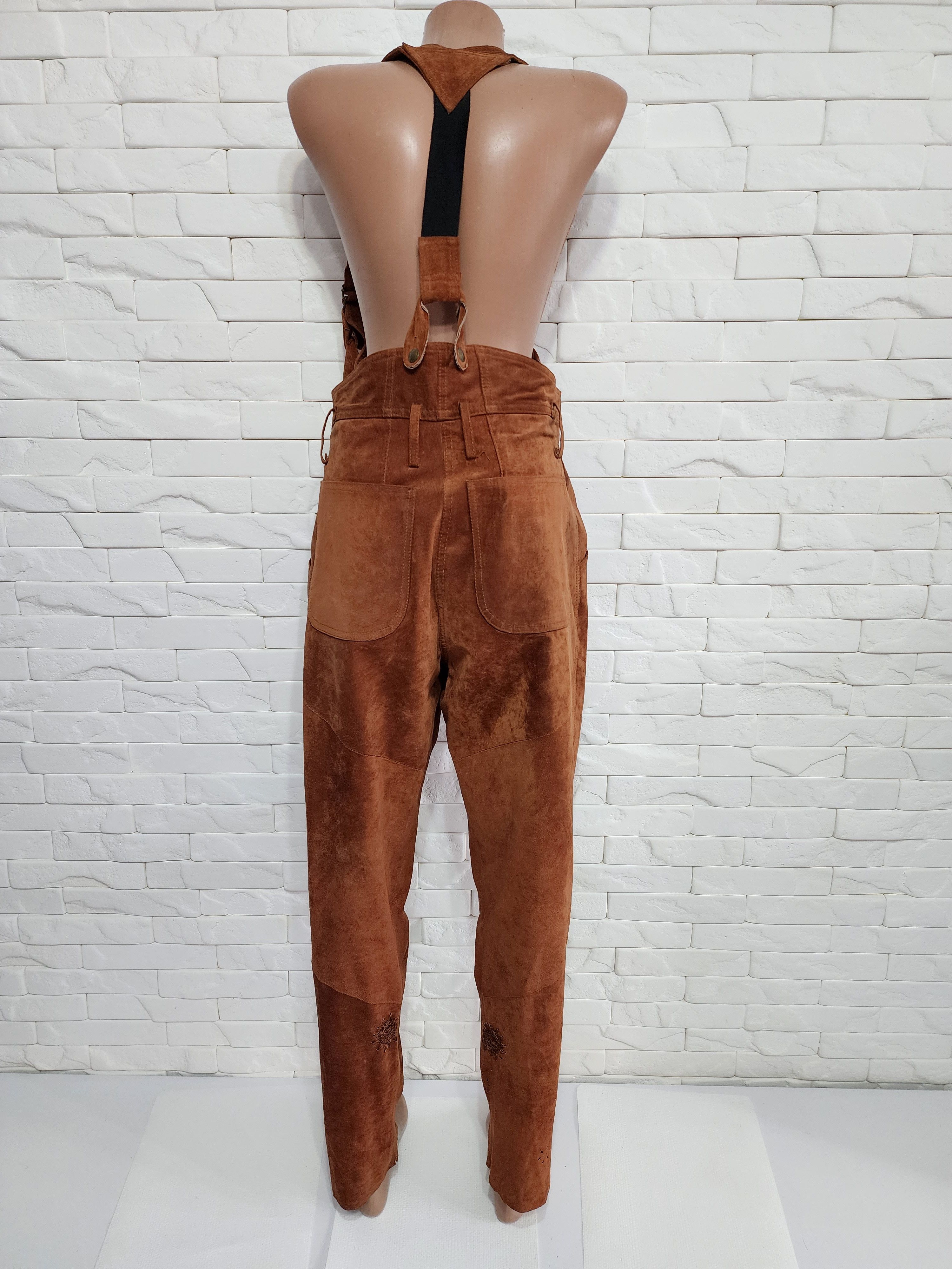Genuine Leather Brown women's pants with pockets and suspenders. Size 34" / US 12 / IT 48 - 4 Thumbnail