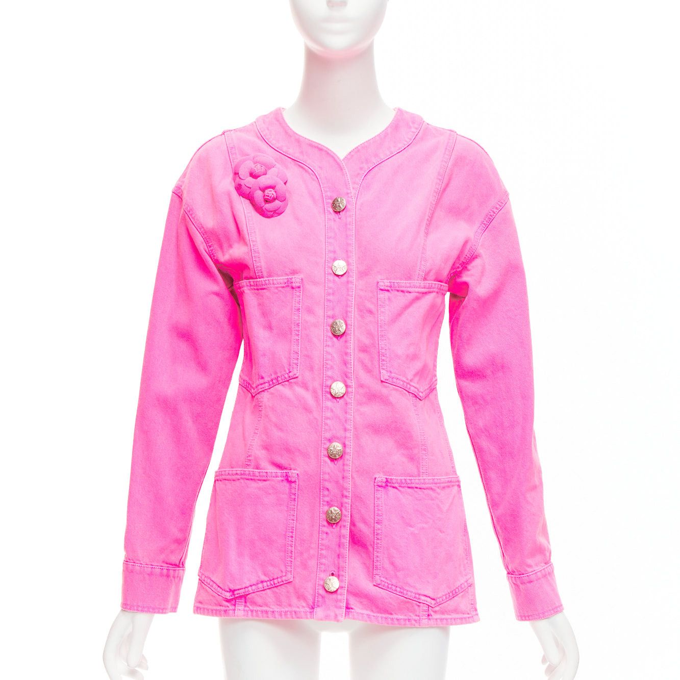 image of Chanel 2021 Neon Pink Cotton Denim Cc Logo Camellia Embellished Jacket Fr34 Xs, Women's