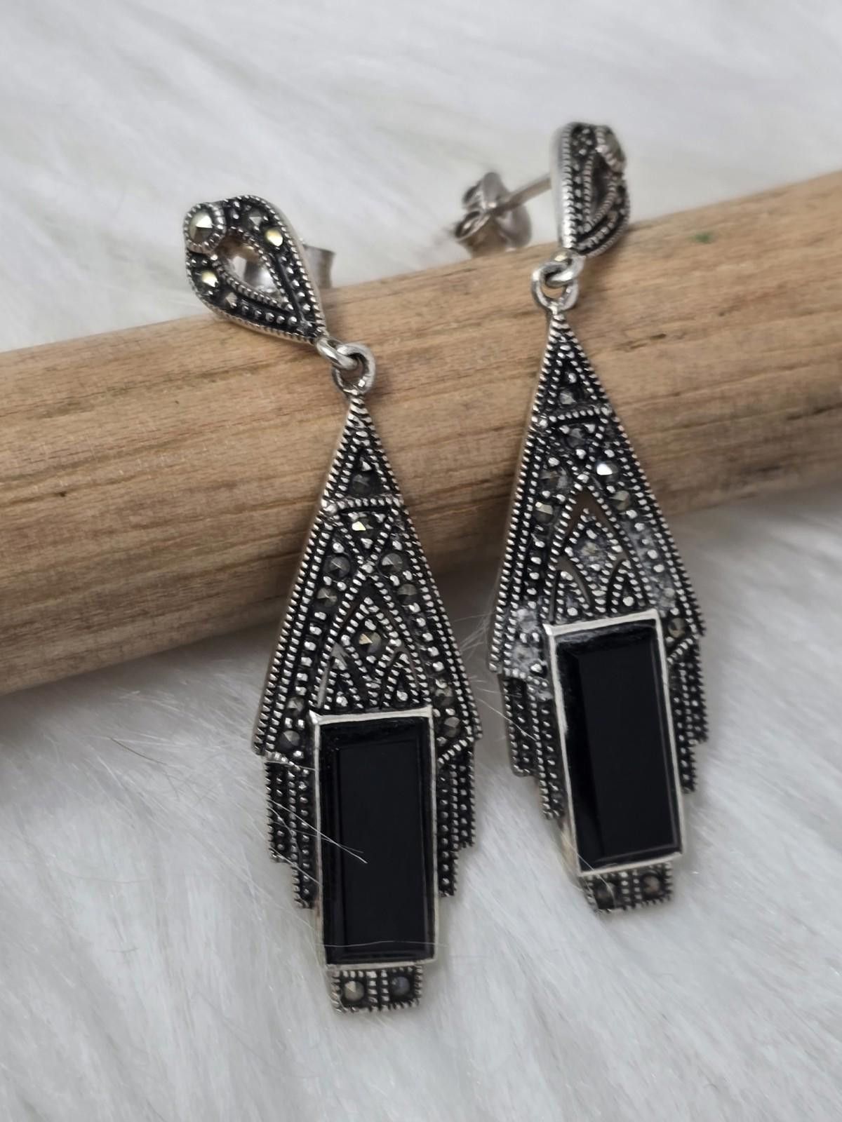 The Unbranded Brand 925 Thai Marcasite Onyx Drop Earrings Art Deco Size ONE SIZE - 3 Thumbnail