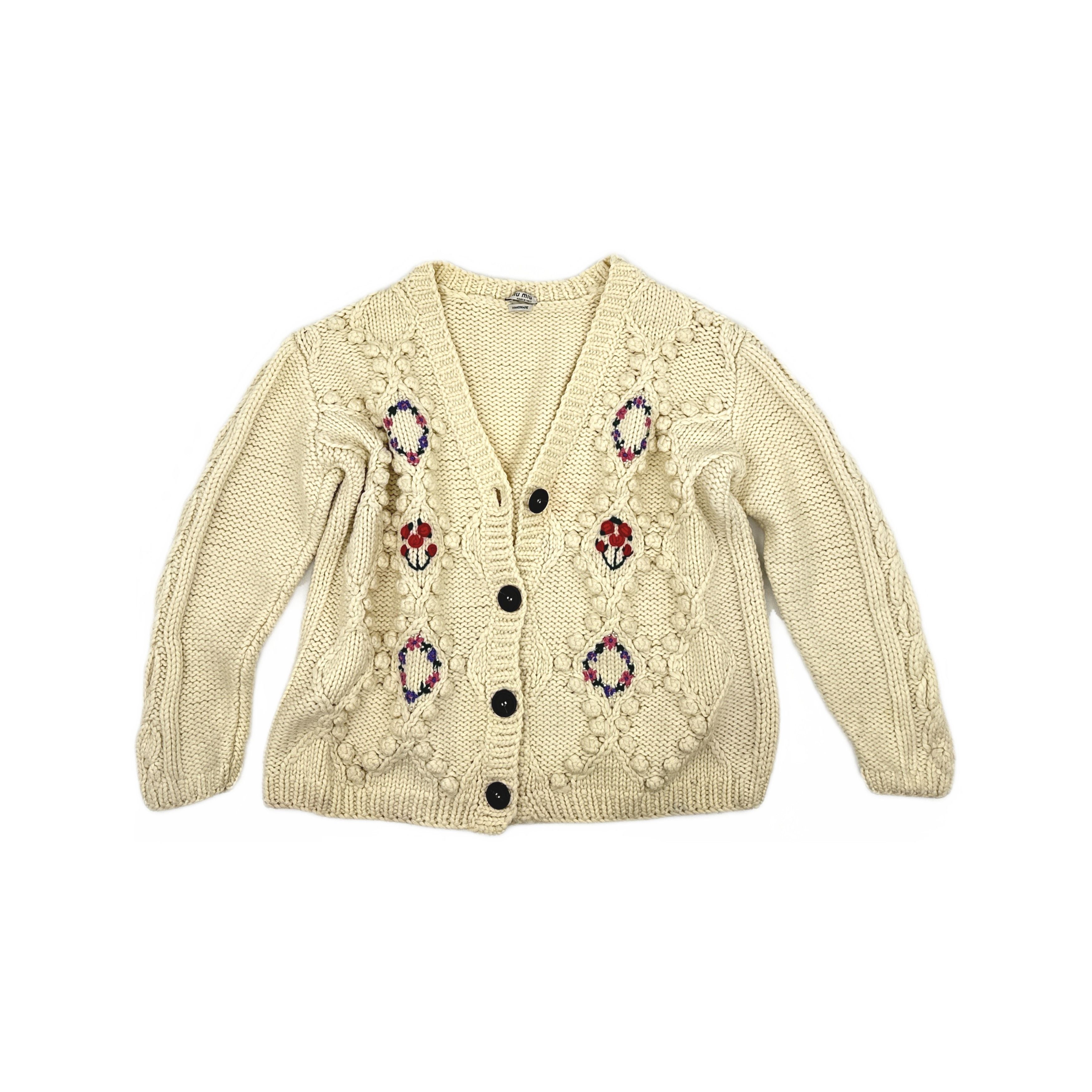 Miu Miu Miu Miu Floral Embroidered Cable Knit Cardigan Size 40 Size S / US 4 / IT 40 - 1 Thumbnail