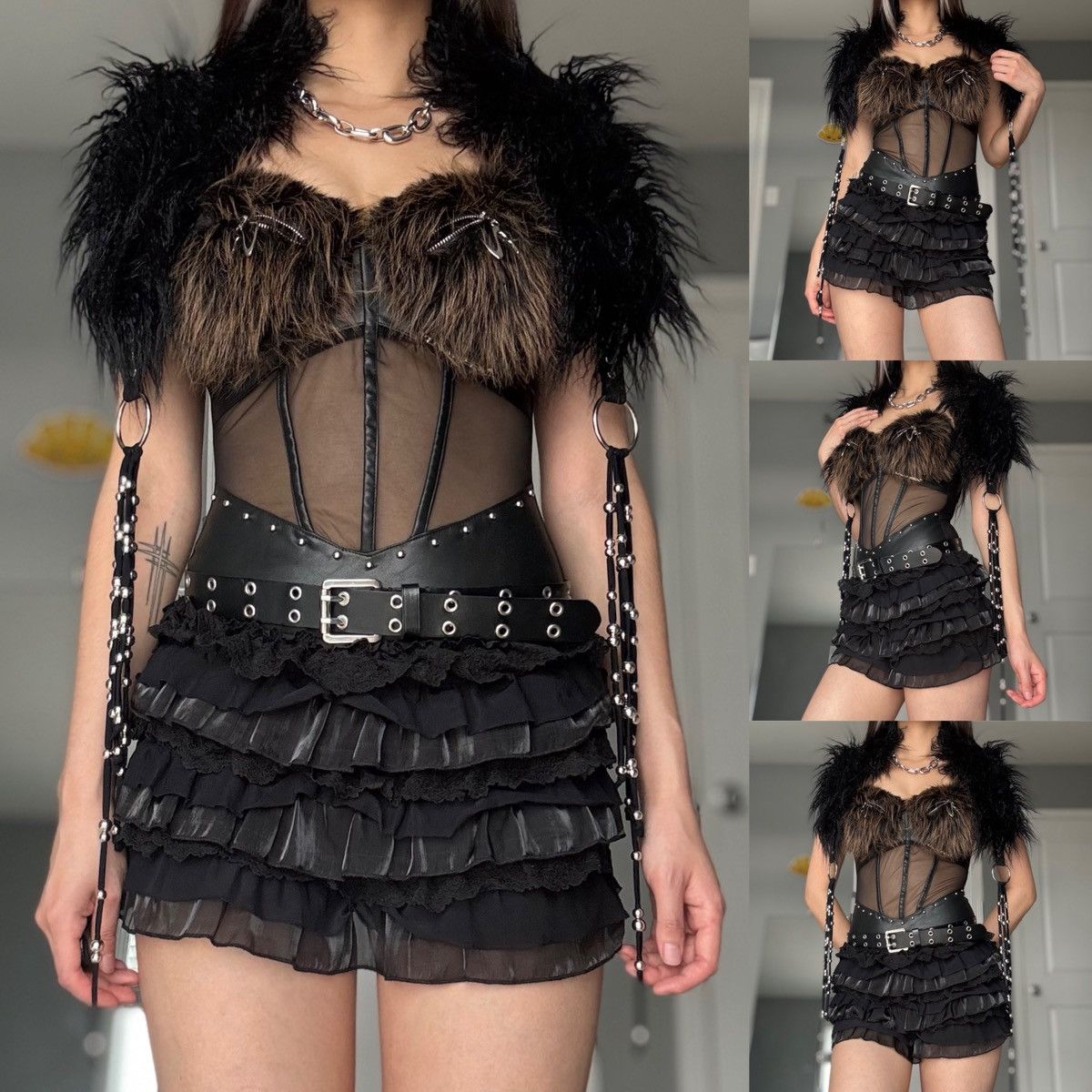 Other Futuristic Faux Fur Leather Corset Bodysuit Silver Hardware Size XS / US 0-2 / IT 36-38 - 10 Thumbnail
