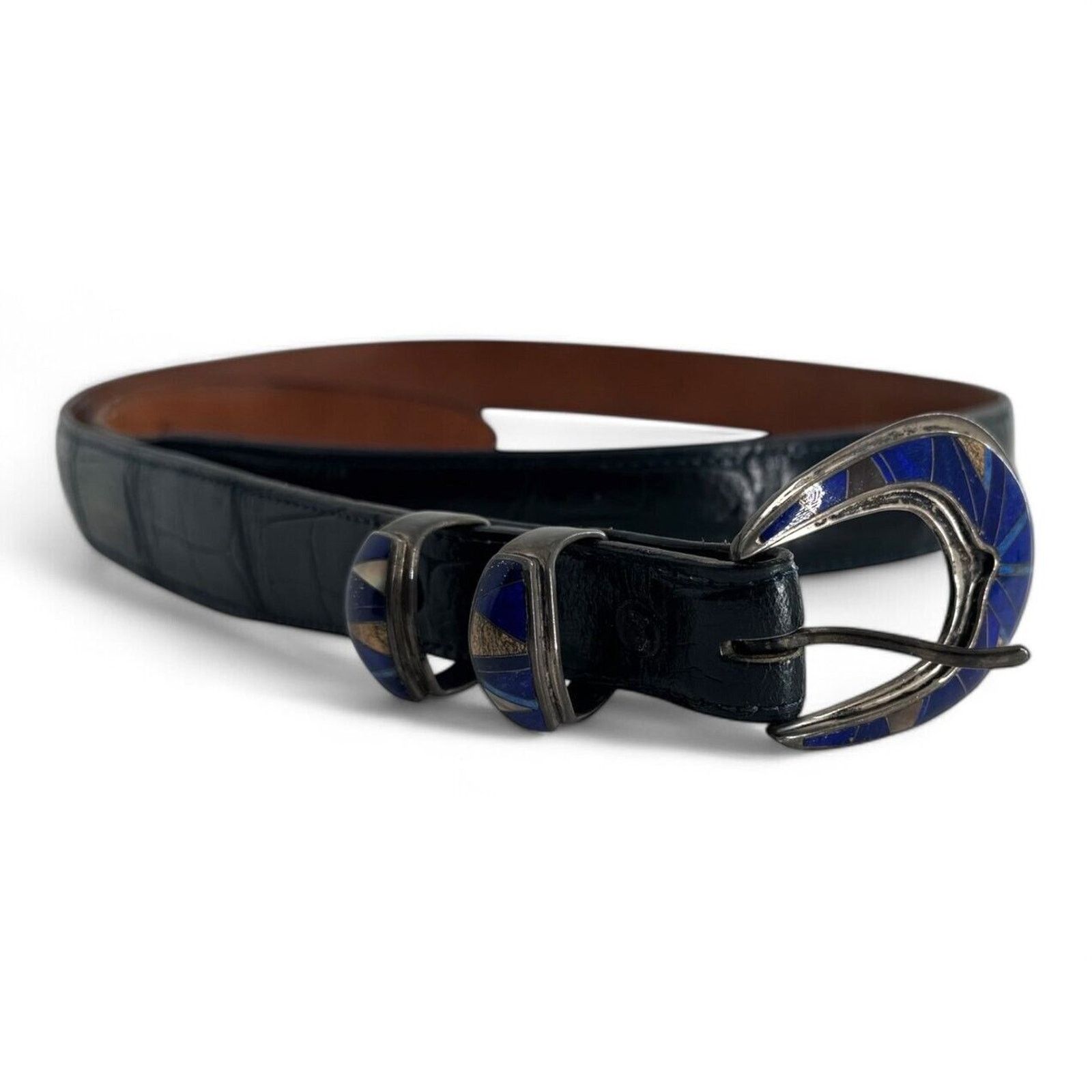 Sterling Silver JW Cooper .925 Sterling Lapis Inlay Blue Alligator Skin Belt Size 46 - 1 Thumbnail