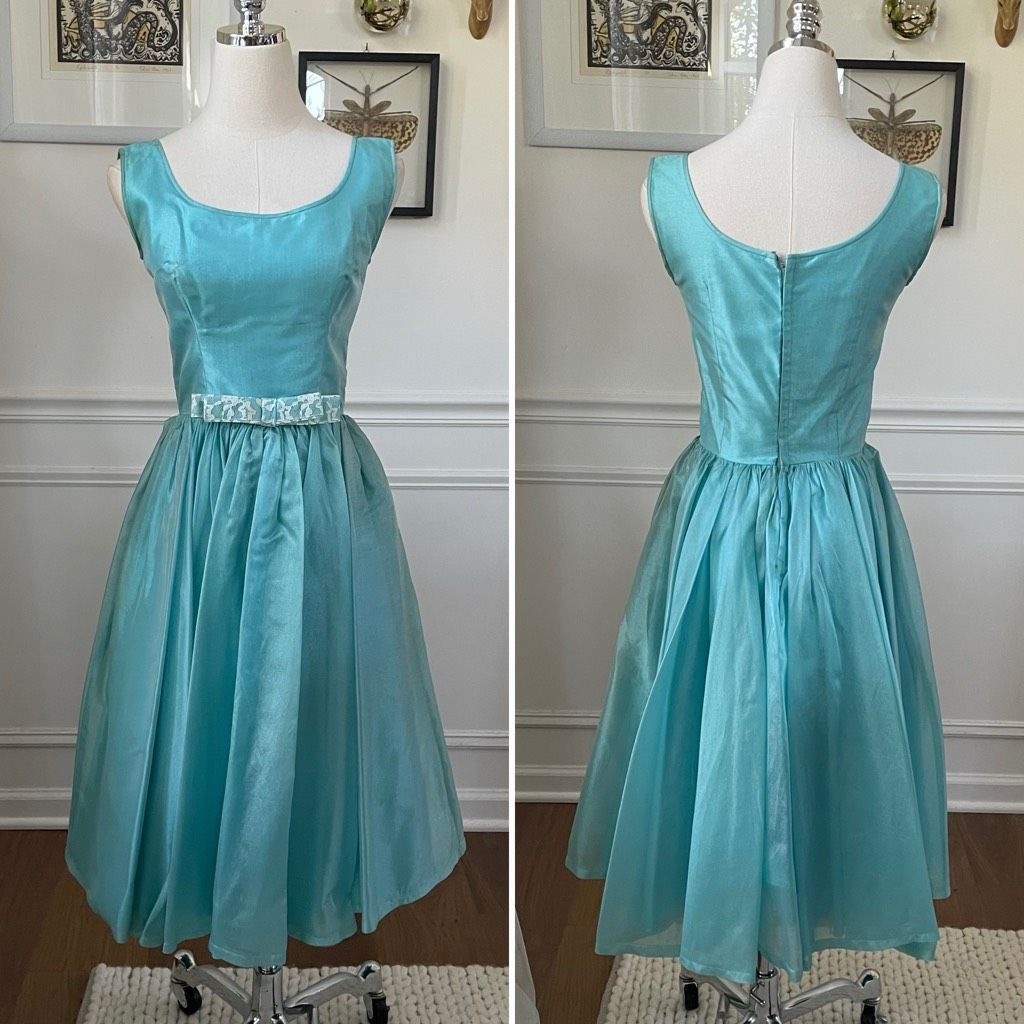 Vintage Vintage 60s Turquoise Blue Ivory Lace Fit & Flare Dress Shru Size XS / US 0-2 / IT 36-38 - 2 Thumbnail