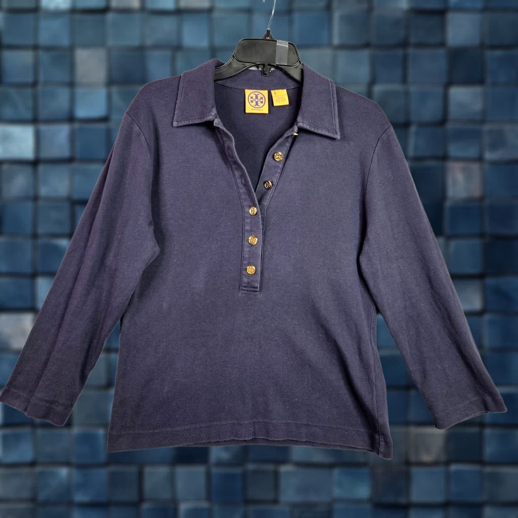 Tory Burch Tory Burch Women's Black Cotton 1/4 Button Up Collared 3/4 Sleeve Tee Size L Size L / US 10 / IT 46 - 1 Thumbnail