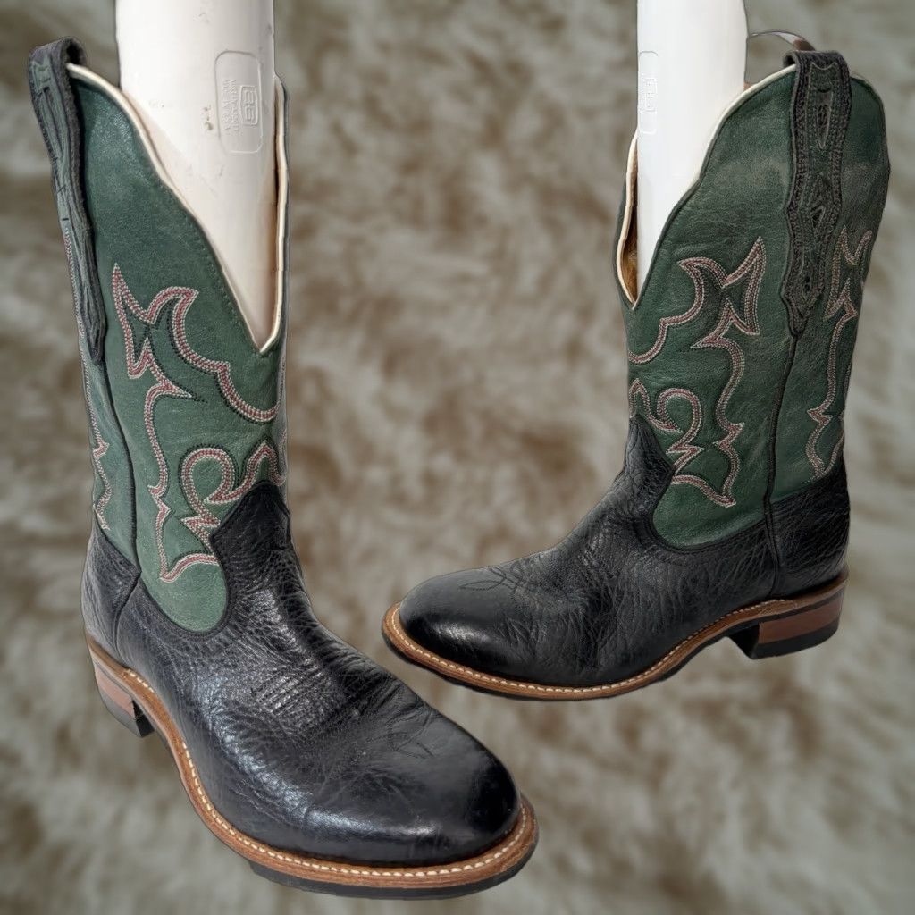 Vintage Boulet Cowboy Boots Green Black Mens Size 9 C Leather Almond Toe Western Boots Men’s Shoes US 9 Green Boulet Cowboy Theme Boots Size US 9 / EU 42 - 1 Thumbnail