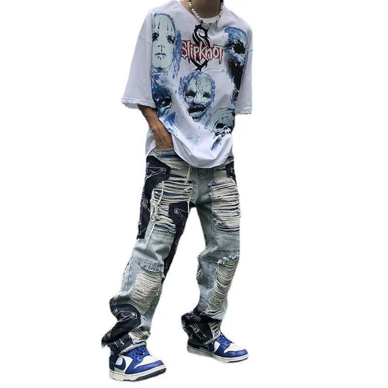 Japanese Brand × Jean Retro loose straight leg loose hole jeans Size US 32 / EU 48 - 1 Thumbnail