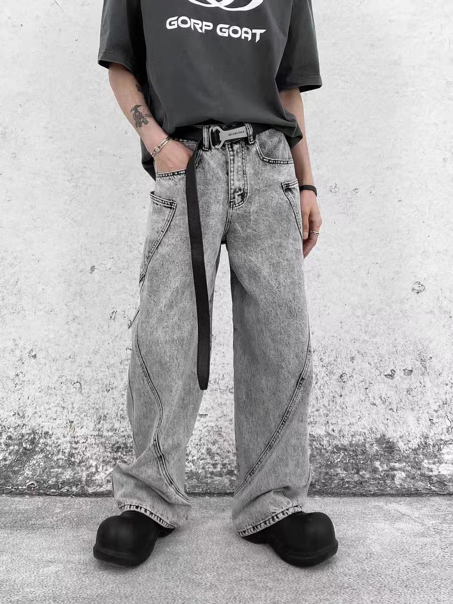 image of Jean Faded Washed Retro Baggy Straight-Leg Denim Trousers in Grey, Men's (Size 33)
