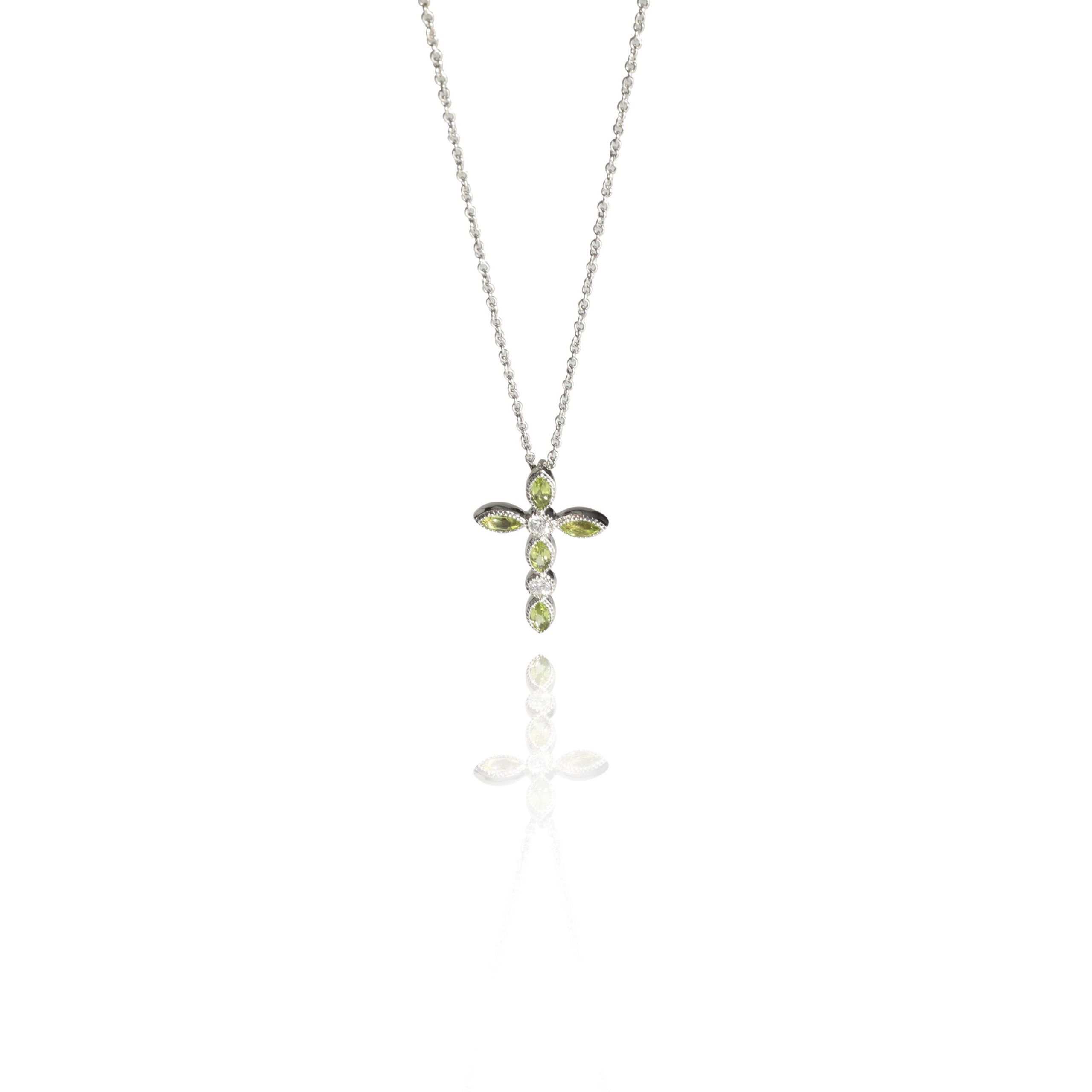 image of Tiffany Co 14K White Gold My Story Diamond & Peridot Cross Pendant, .09 Ctw, Women's