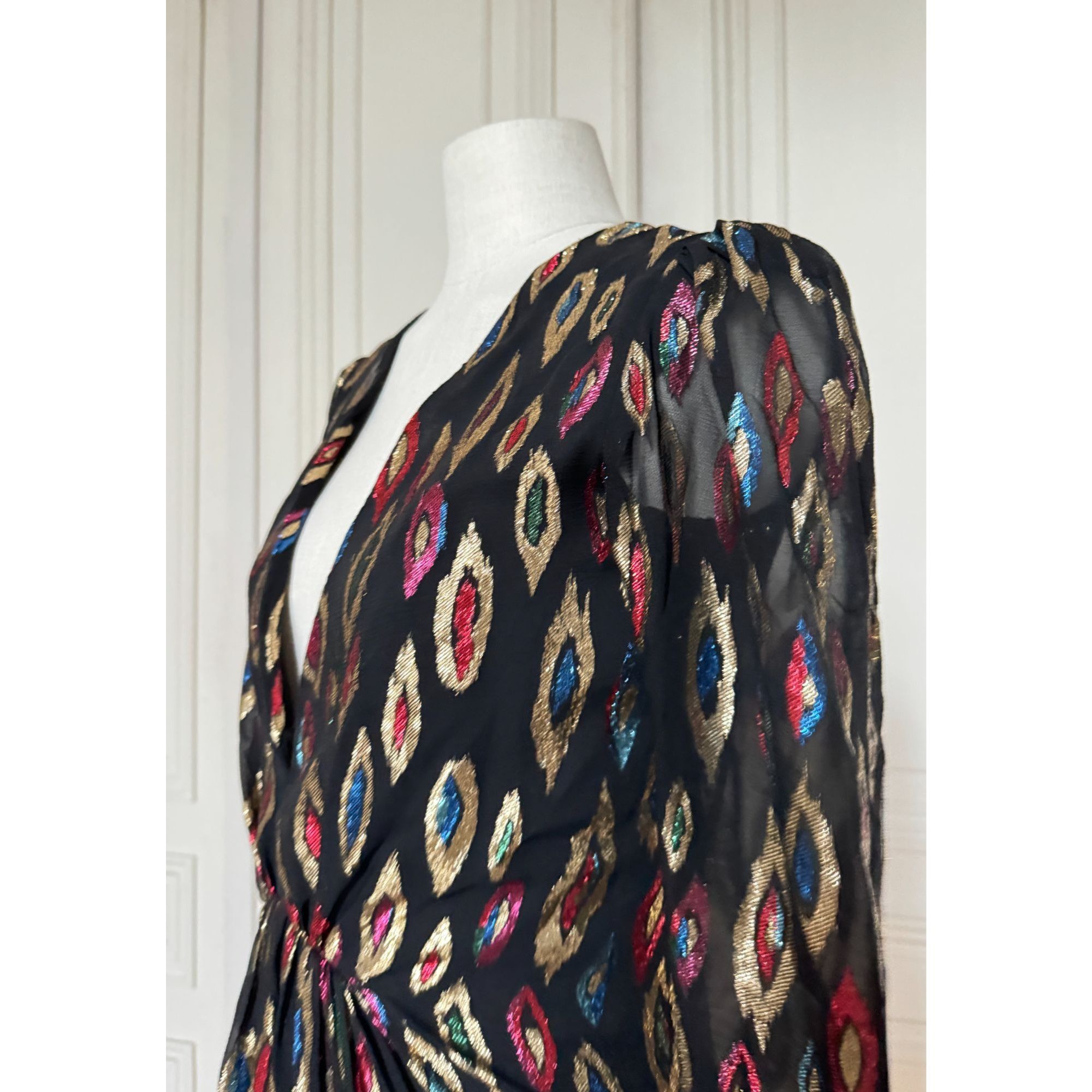 Saint Laurent Paris 2017 Peacock Pattern Silk Lurex Short Dress Size XS / US 0-2 / IT 36-38 - 6 Thumbnail