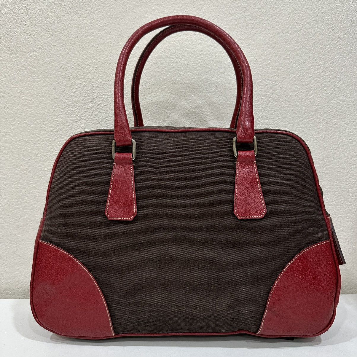 Prada PRADA BOWLING MINI BOSTON BAG BROWN CANVAS RED TRIM LEATHER Size ONE SIZE - 3 Thumbnail