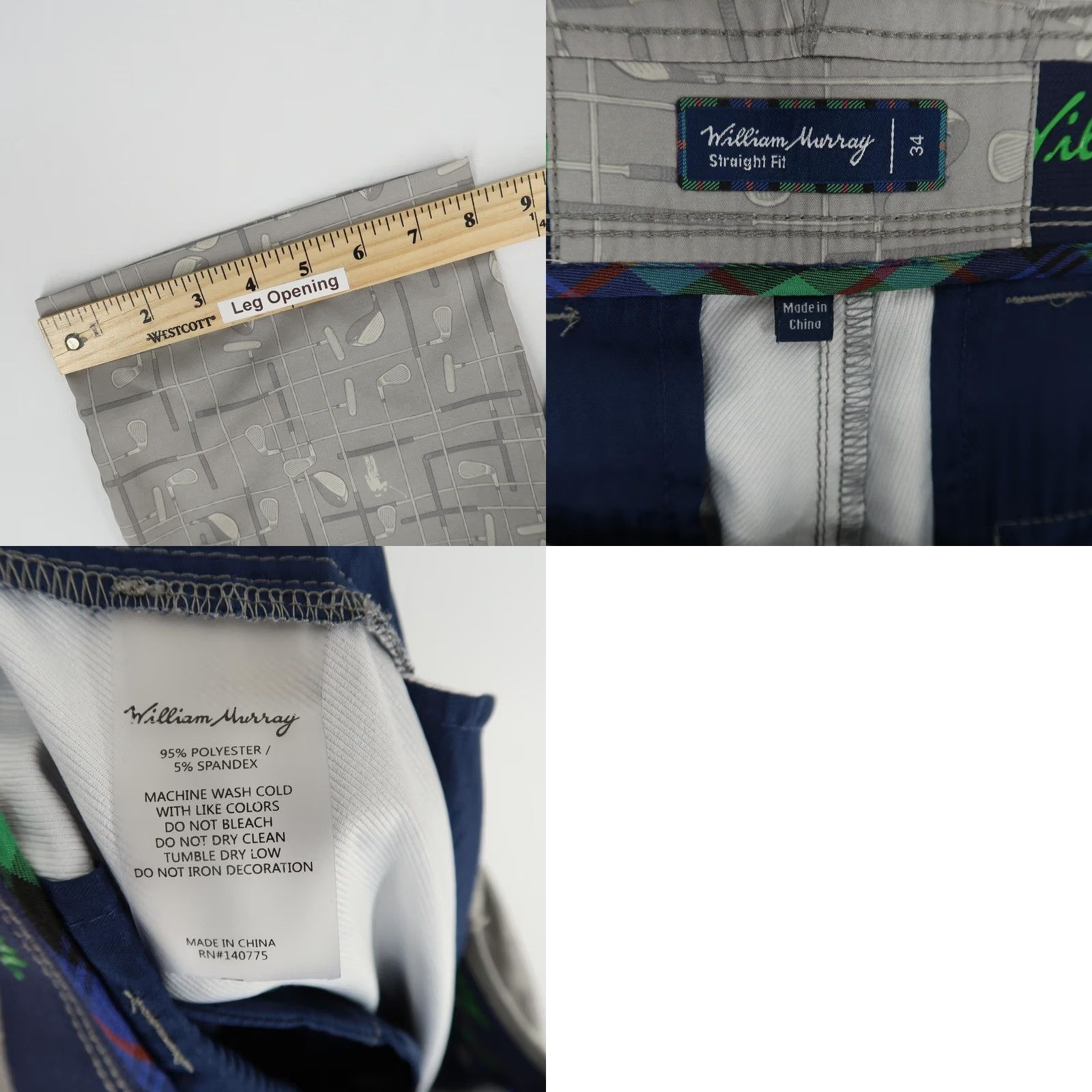 Vintage William Murray Pants Mens 34 Gray Graphic Golf Clubs Straight Leg Performance Shirt Size US 34 / EU 50 - 8 Thumbnail