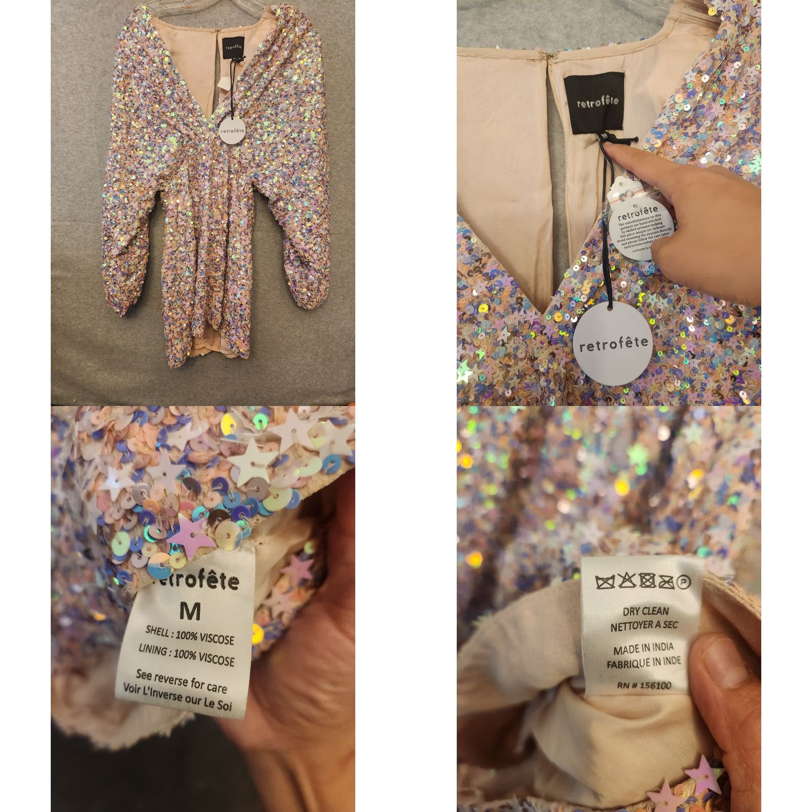 Vintage VINTAGE Retrofete Dress M Womens Short V-Neck Puff Sleeve Sequin Star Embellished Tutti Frutti Paillette Party/Cocktail Size M / US 6-8 / IT 42-44 - 8 Thumbnail