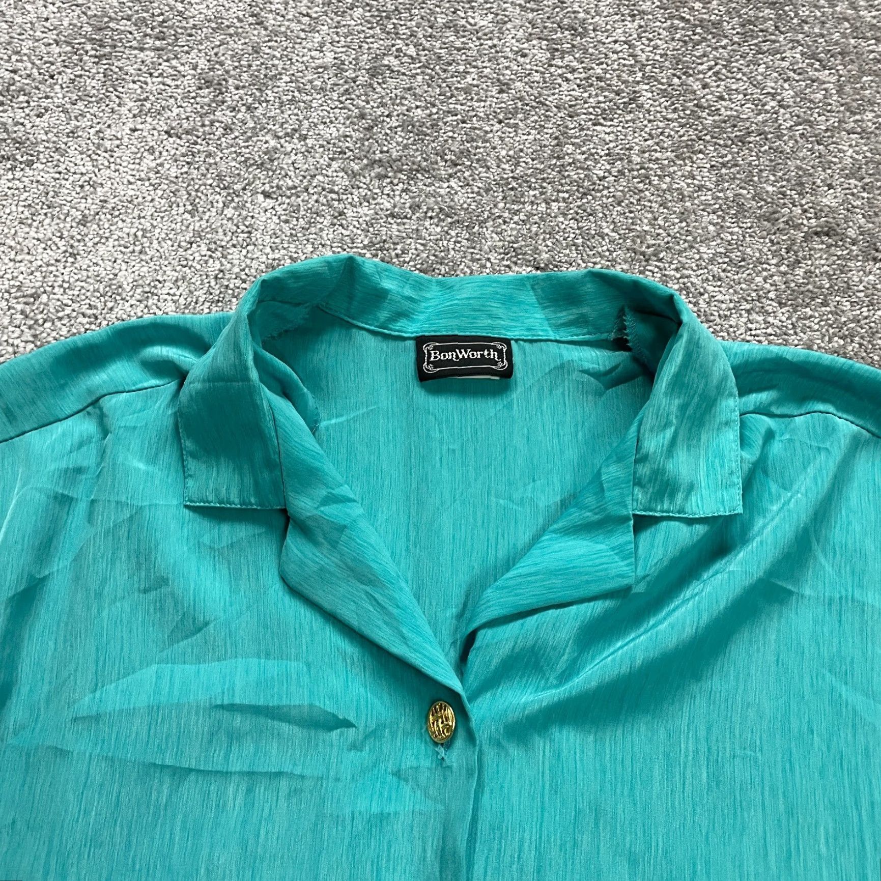 Vintage BonWorth Button Down Blouse Shirt Womens L Green Short Sleeve Casual Top Size L / US 10 / IT 46 - 3 Thumbnail