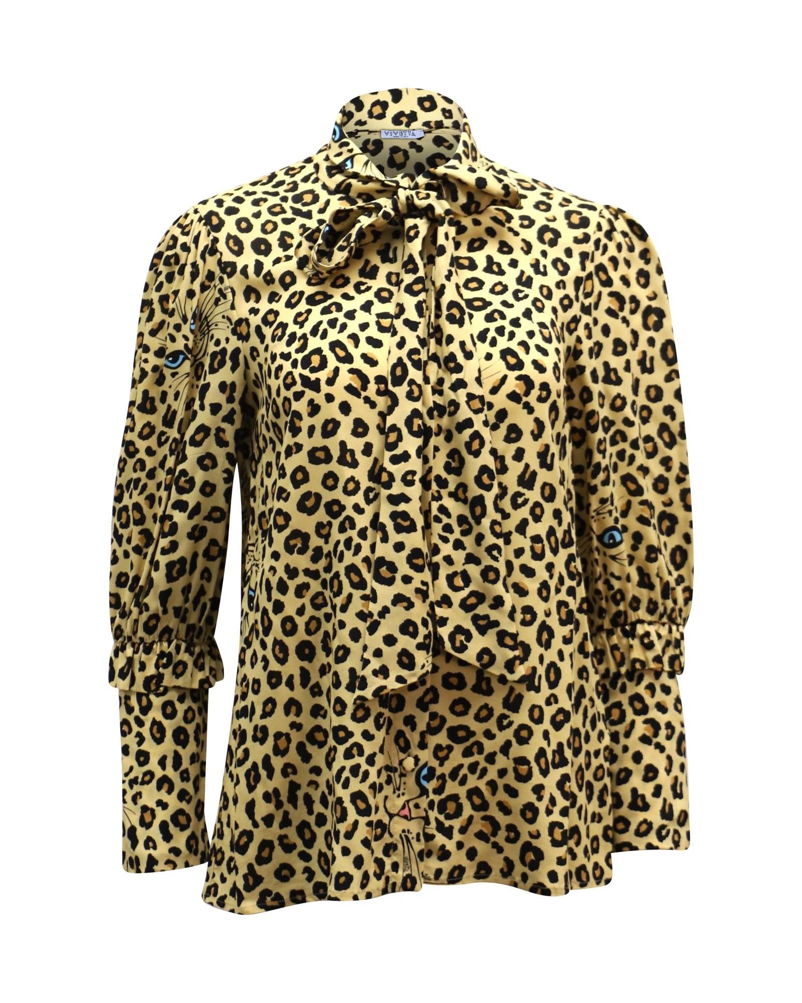 image of Vivetta Leopard Print Button Down Blouse With Bow Tie Detail, Women's (Size Medium)