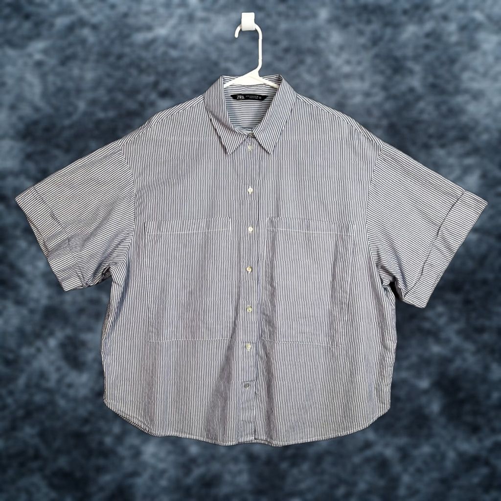 Zara Zara Shirt Striped Short Sleeve Button-Up Blue White Womens Medium Cotton Size M / US 6-8 / IT 42-44 - 1 Thumbnail