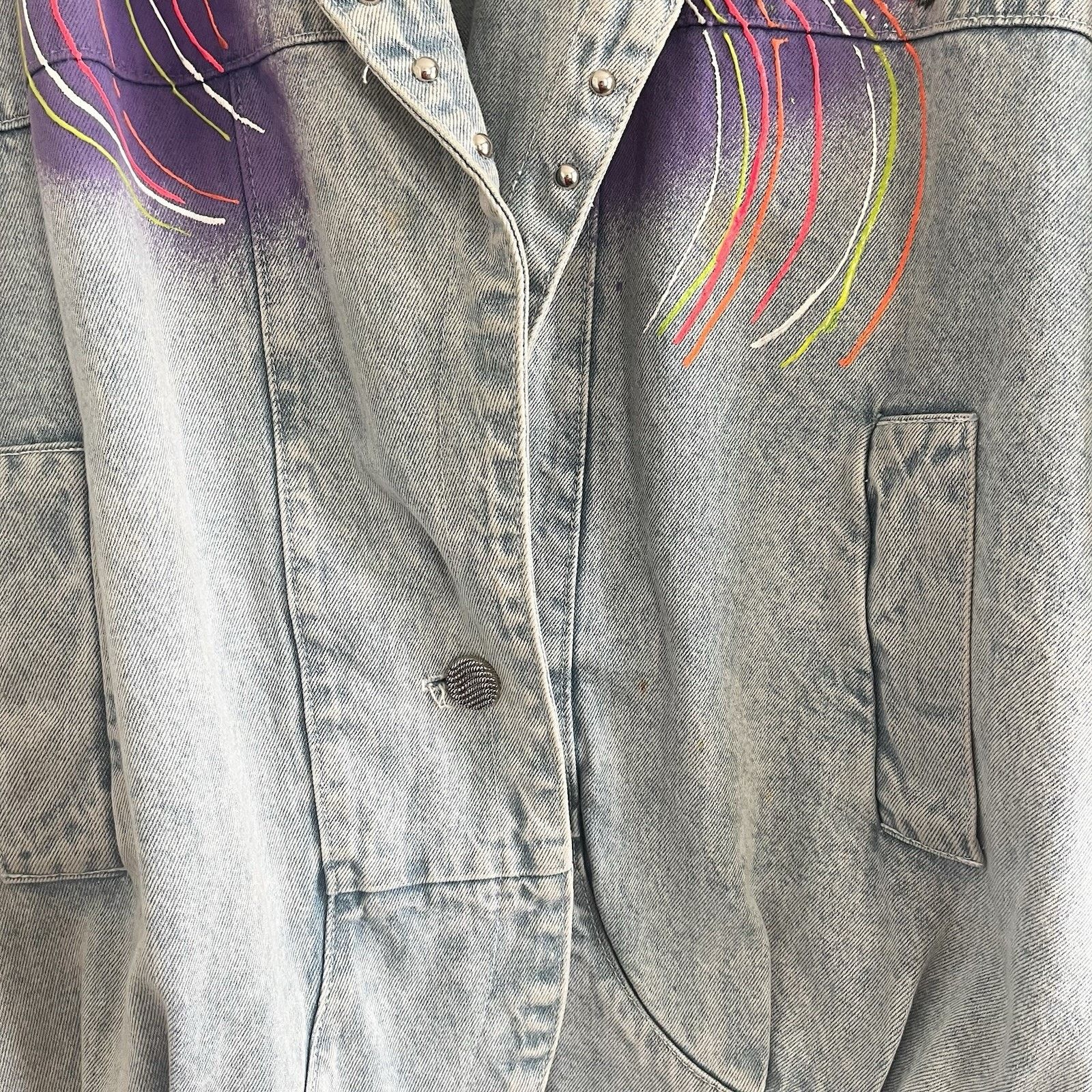 Vintage Hand-Painted Studded Denim Jacket San Francisco Cityscape Size L / US 10 / IT 46 - 3 Thumbnail