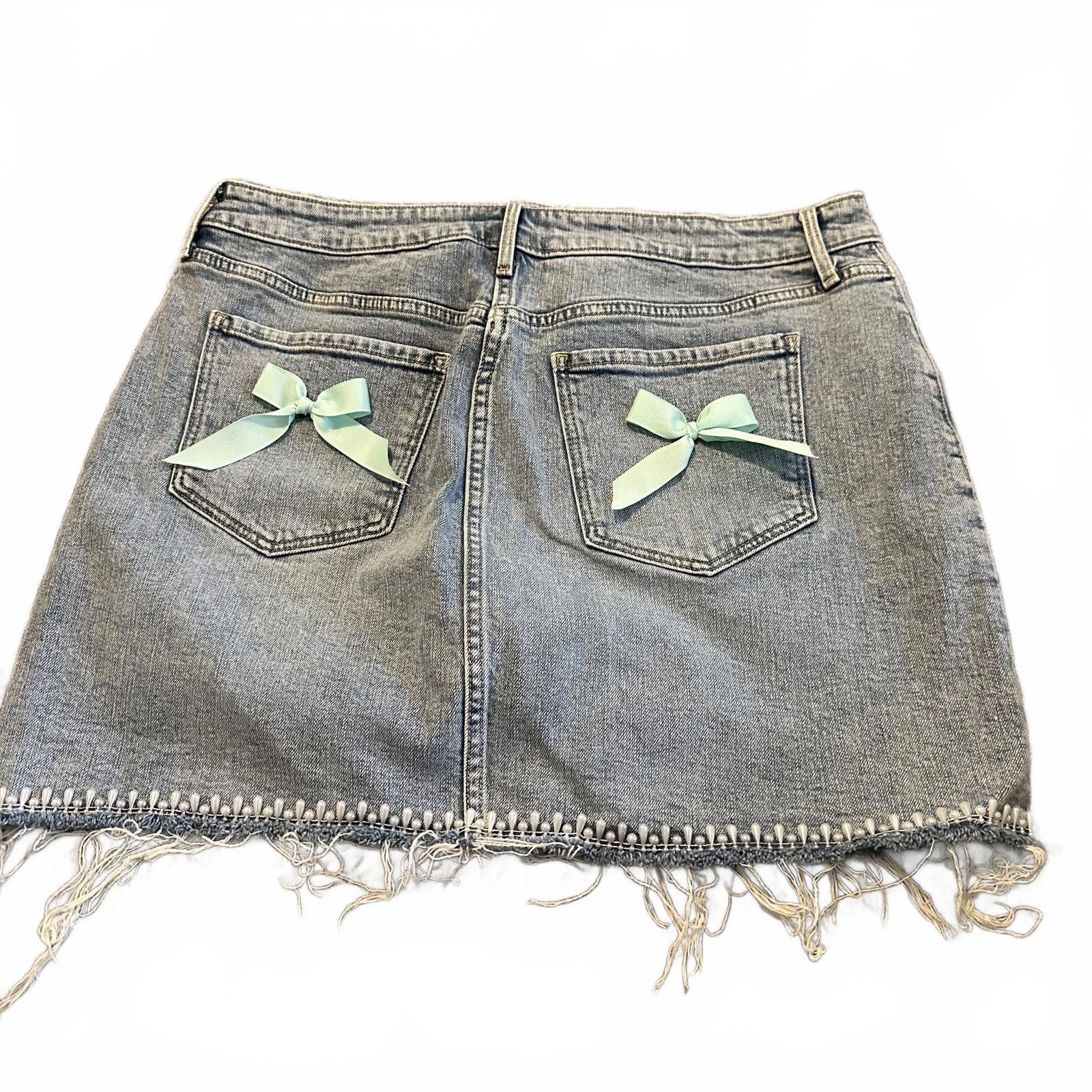 Designer Distressed Denim Skirt with Decorative Bows - 14 Size 36" / US 14 / IT 50 - 2 Thumbnail