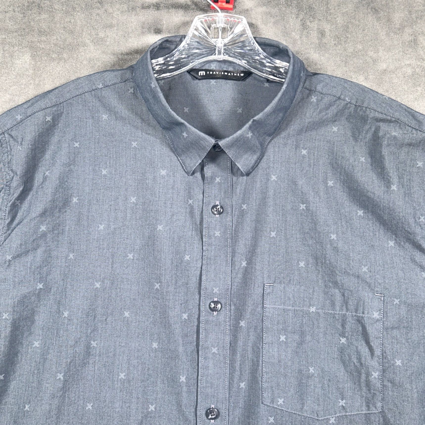 TravisMathew Travis Mathew Mens Button-Up Shirt 2XL Gray Cotton Blend Short Sleeve Pocket Geometric Classic Casual Size US XXL / EU 58 / 5 - 2 Thumbnail