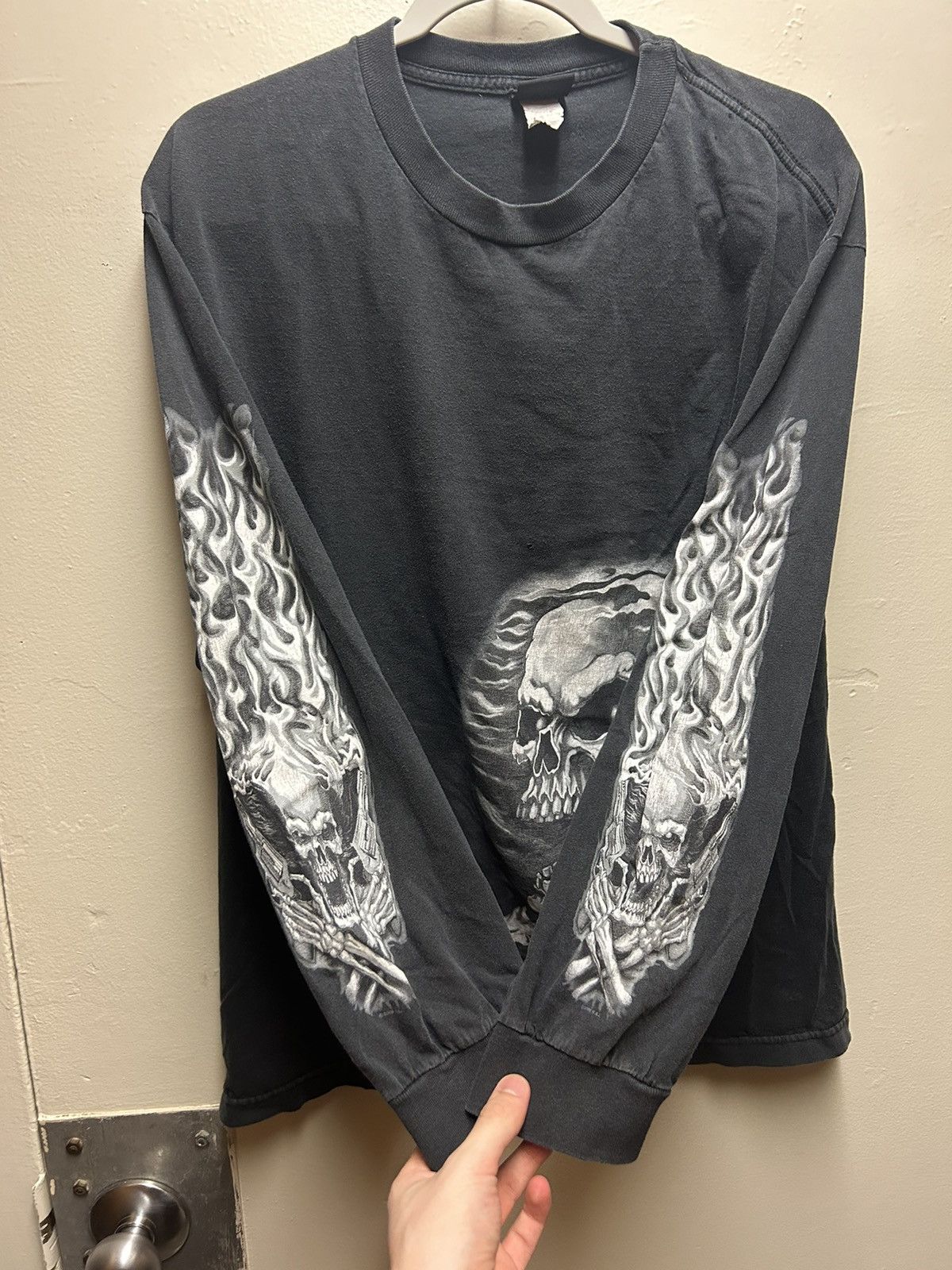 image of Avant Garde x Harley Davidson Vintage Sick Faded Flaming Skull Demon Long Sleeve 4Gseller in Black 