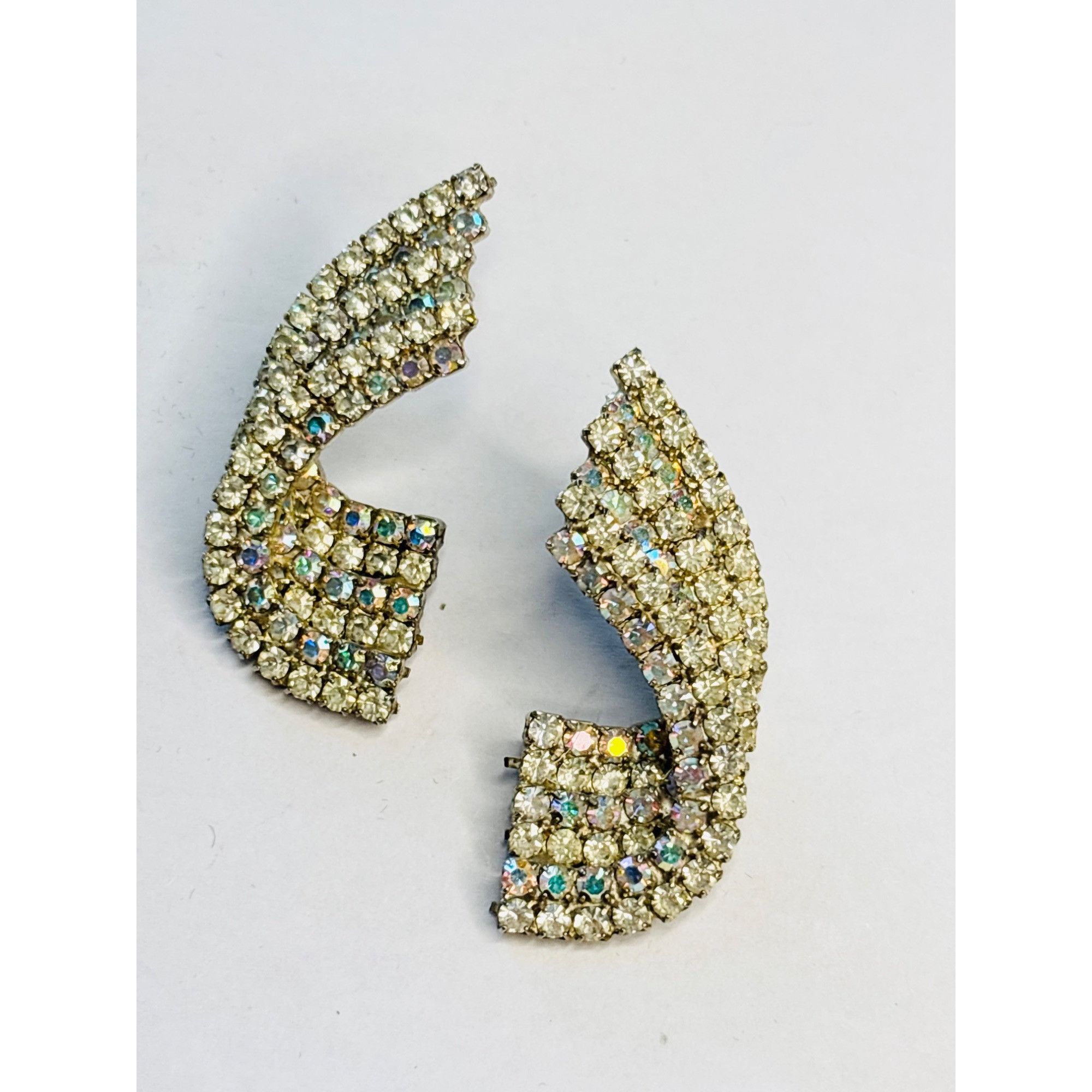 Other Vintage Rhinestone Statement Earrings Silver Tone Fan Shape Size ONE SIZE - 4 Thumbnail