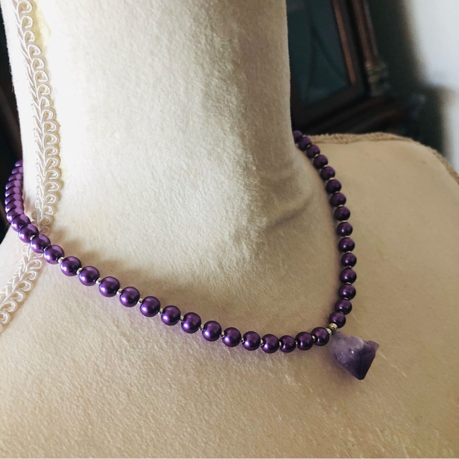 Handmade Handcrafted repurpose genuine amethyst slab Pearl necklace Size ONE SIZE - 4 Thumbnail