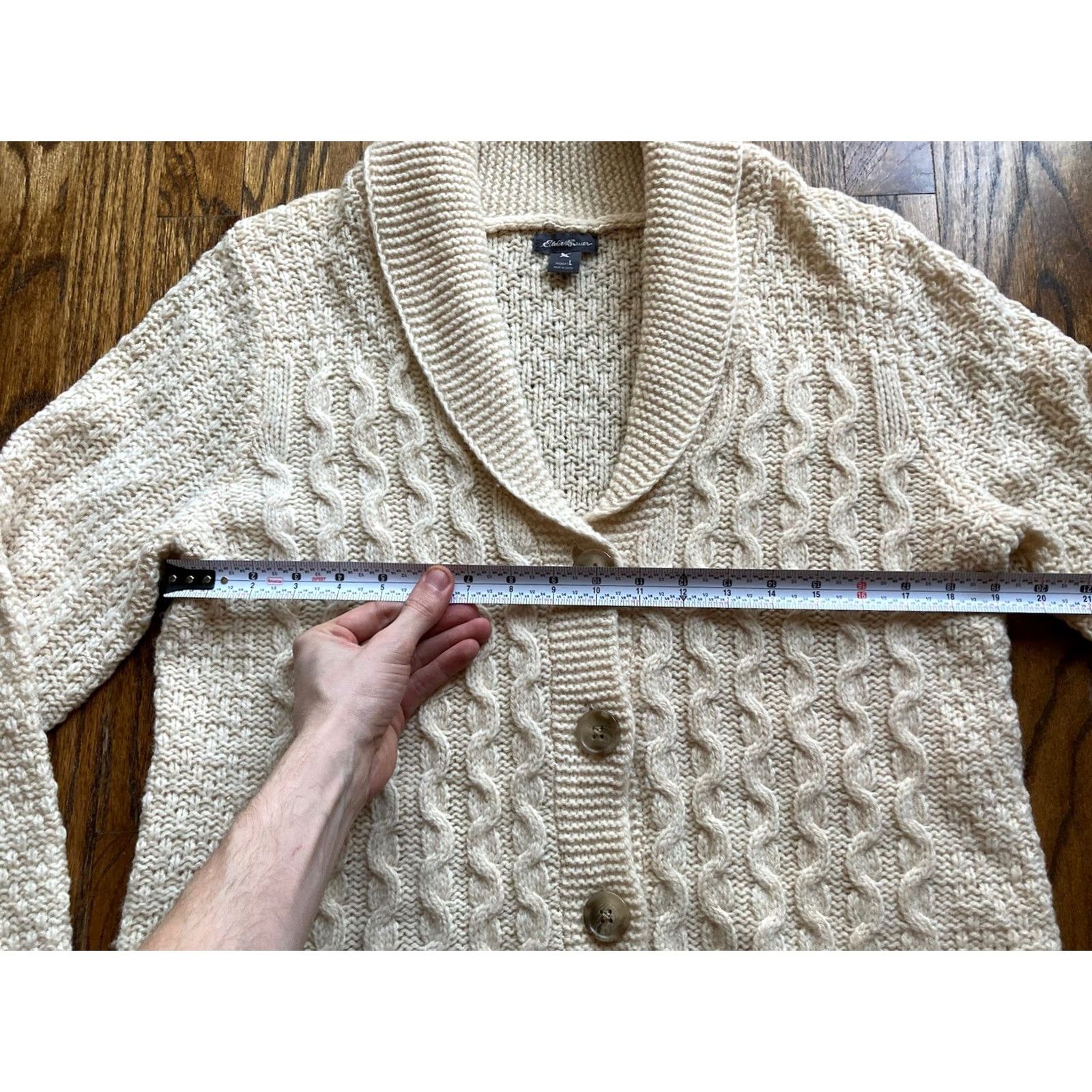 Eddie Bauer Eddie Bauer Cardigan Sweater Womens Large Beige Wool Cable-Knit Shawl Lambswool L Size L / US 10 / IT 46 - 6 Thumbnail