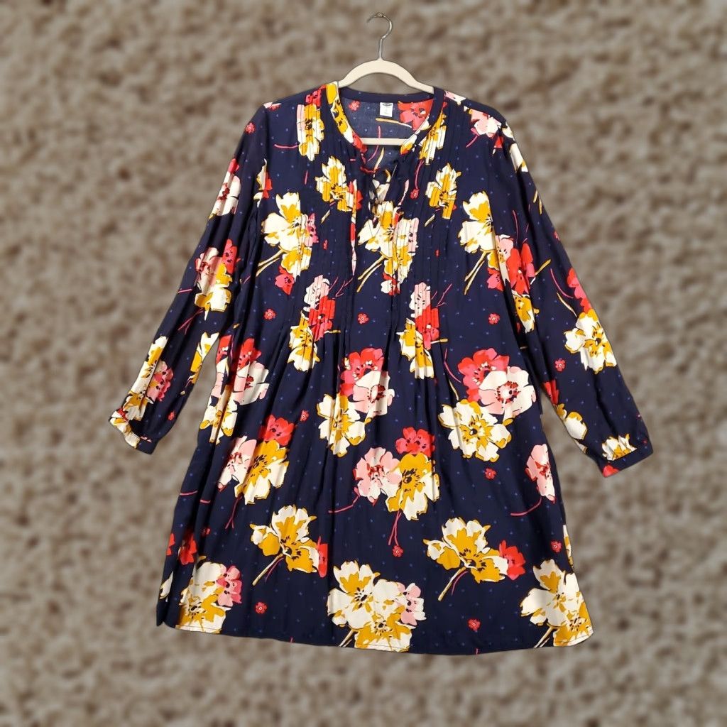 Old Navy Old Navy Womens Dress Large Navy Blue Floral Lace Up Pintucked Shift Size L / US 10 / IT 46 - 1 Thumbnail