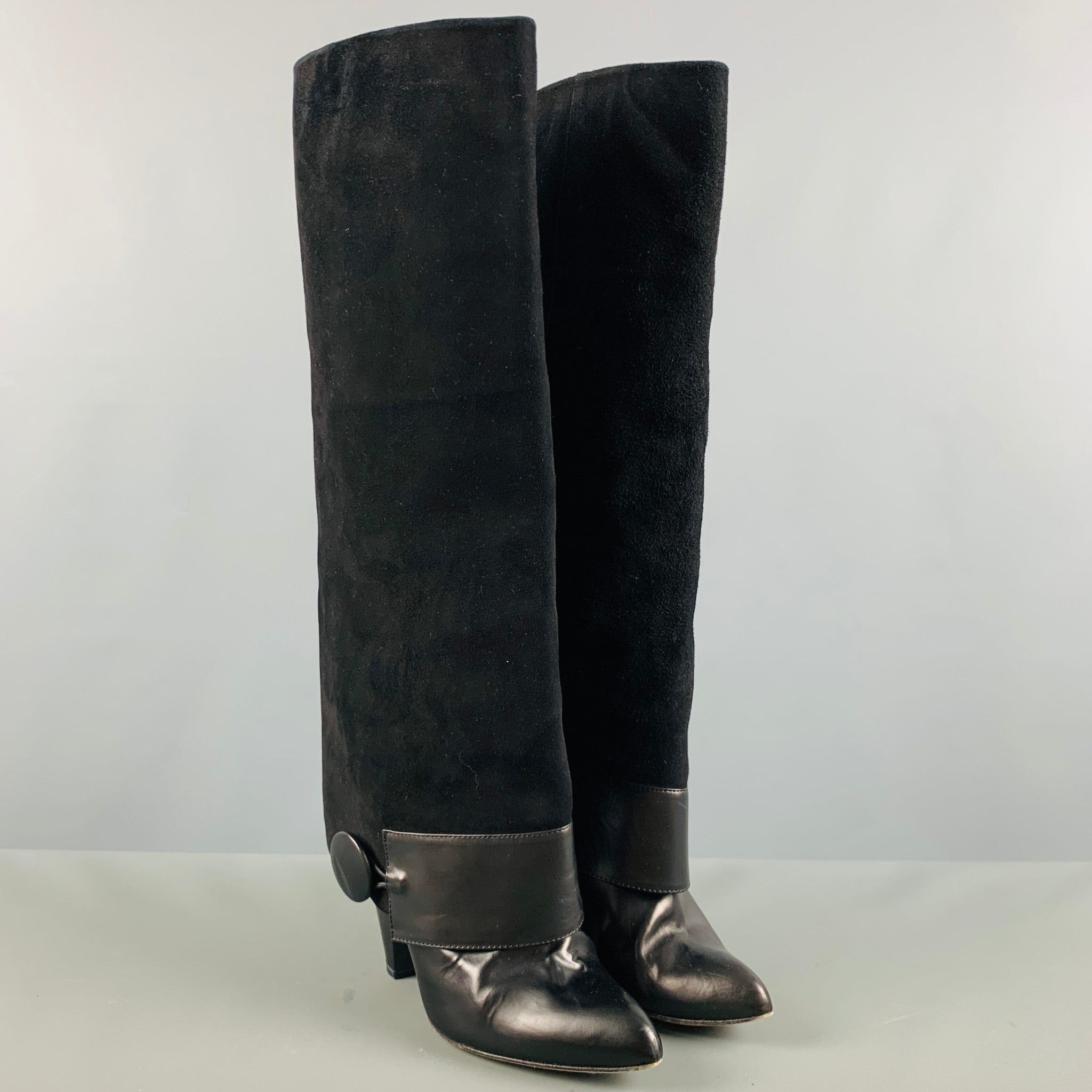 image of Black Suede Mixed Materials Pull On Boots, Women's (Size 7)