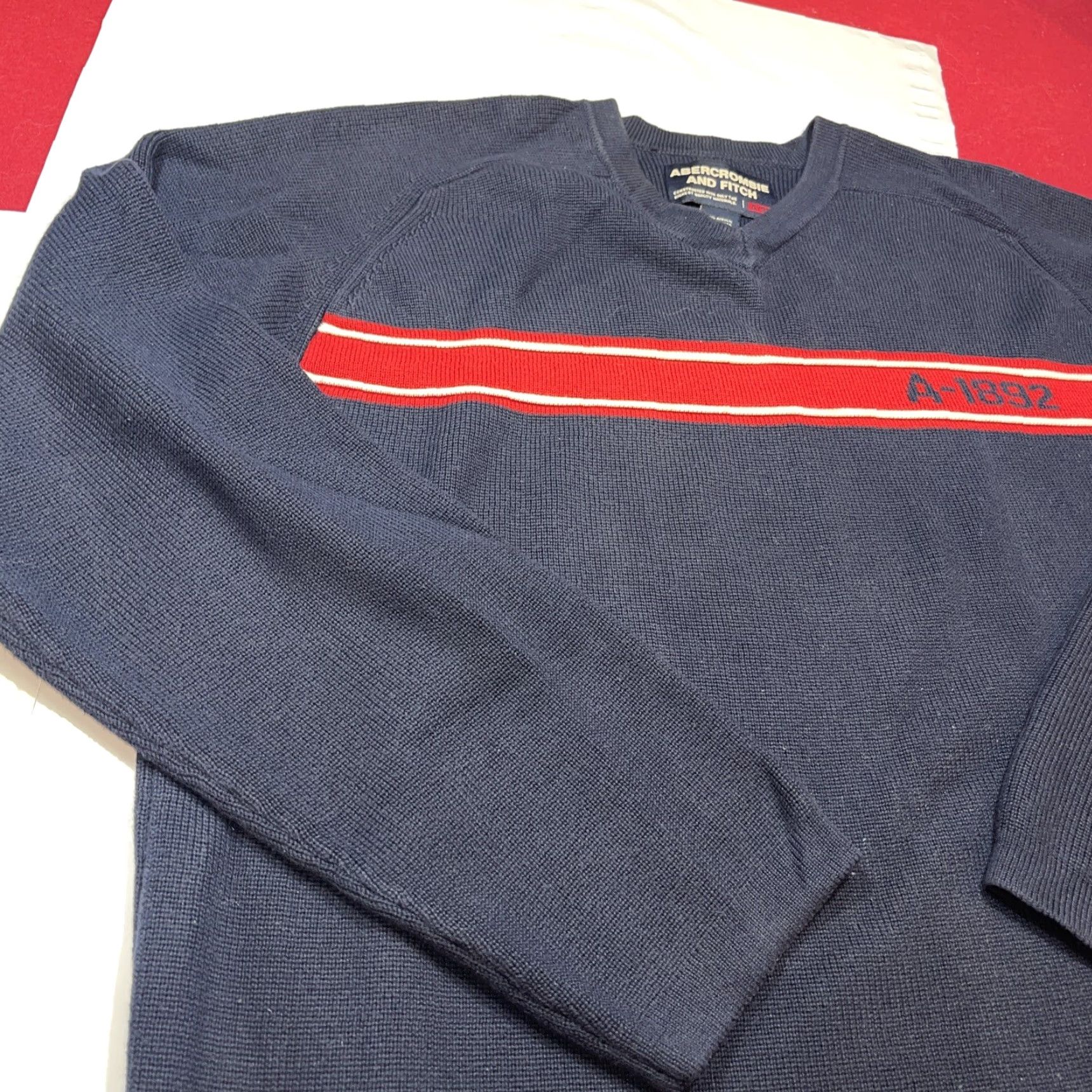 Abercrombie & Fitch VINTAGE Abercrombie & Fitch BLUE Sweater Red A-1892 STRIPE ACROSS chest Preppy Men XL Knit Pullover V-Neck 90s Size US XL / EU 56 / 4 - 6 Thumbnail