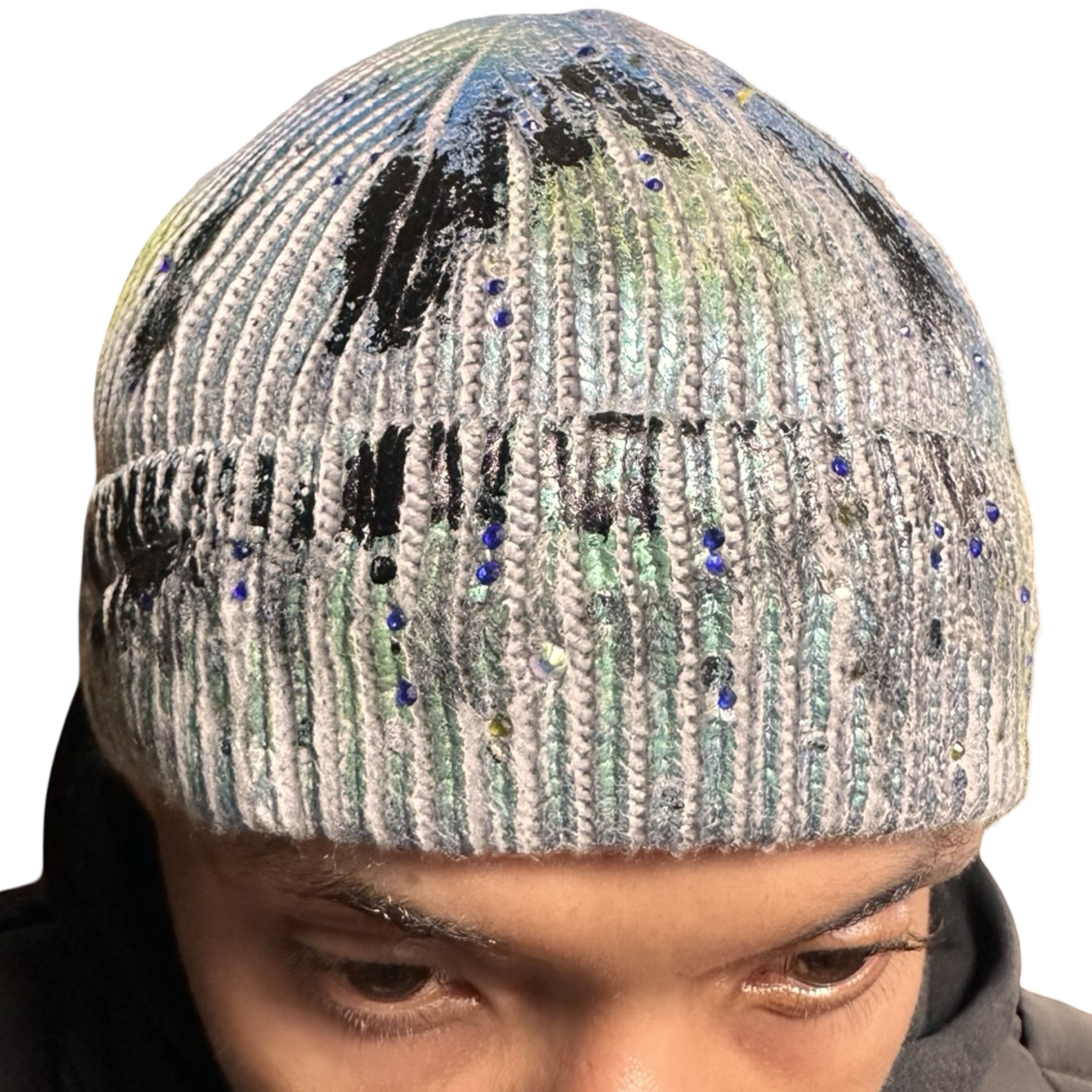 ASTROBOI* Deep Ocean Blue Green Iridescent Rhinestone Beanie