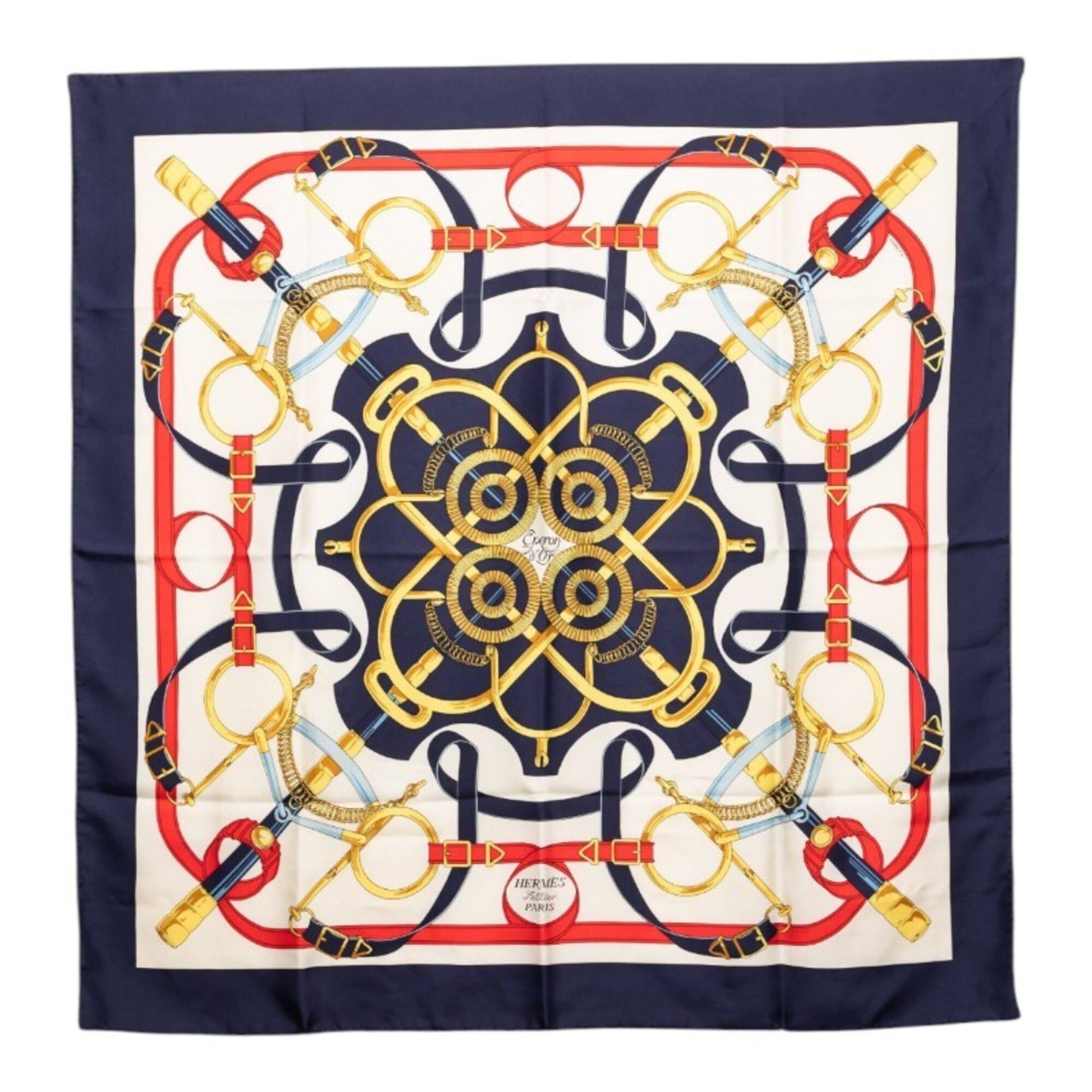 Hermes Hermes Carre 90 Eperon d’or (Golden Spur) Scarf/Muffler, Navy Multicolor Silk, Women's. Size ONE SIZE - 1 Thumbnail