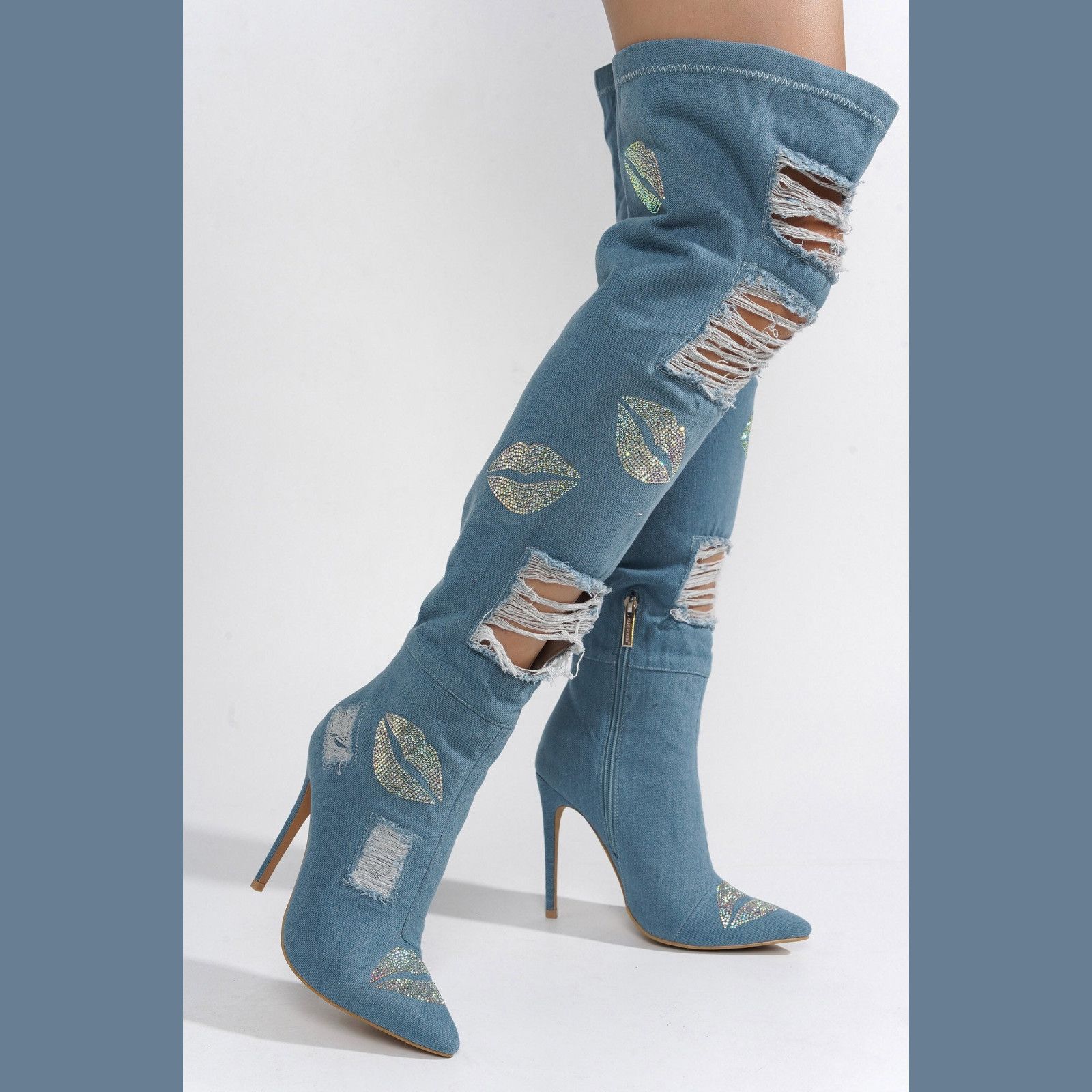 Other Kiss My - Blue Distressed Denim Thigh High Boots With Rhines Size US 7 / IT 37 - 3 Thumbnail