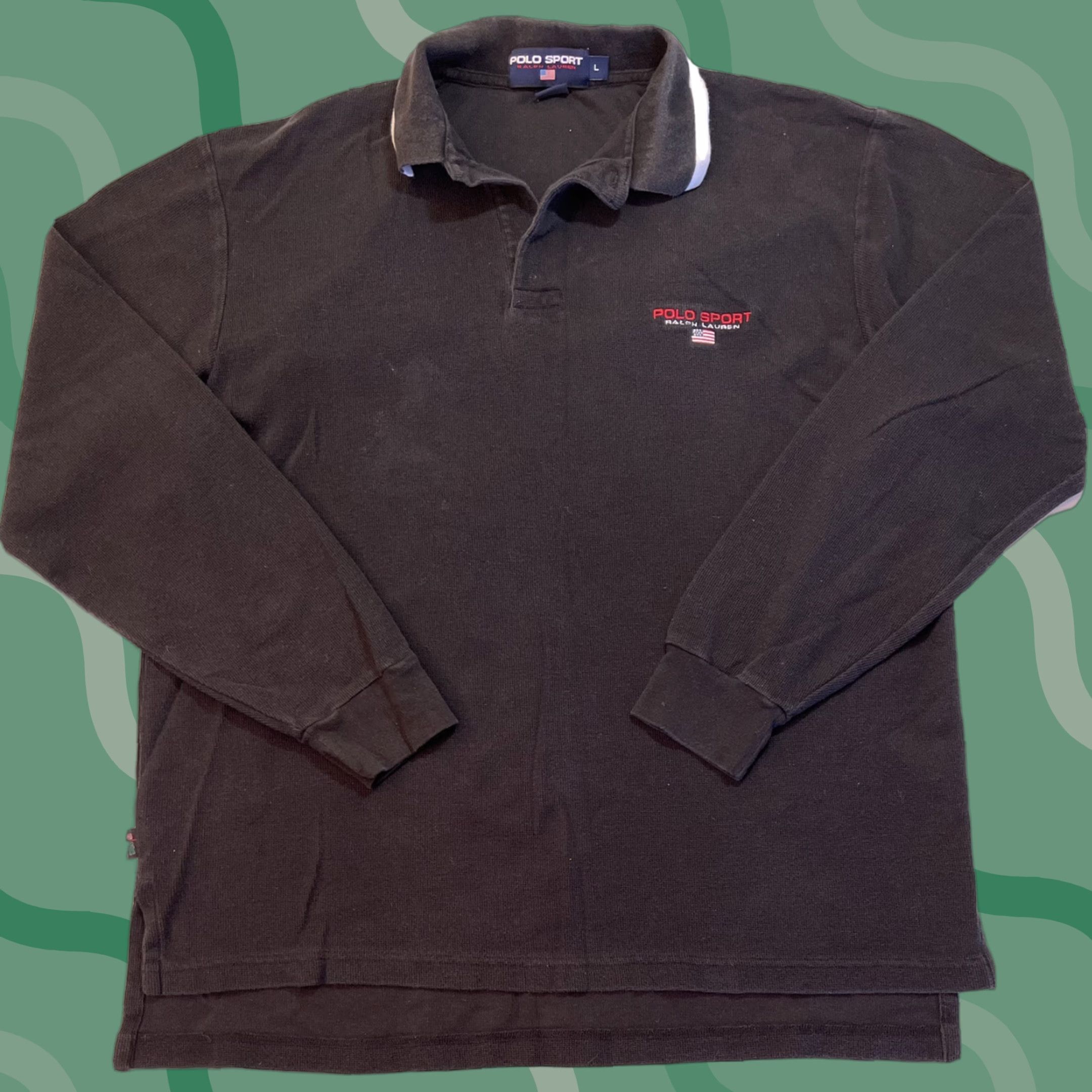Polo Ralph Lauren VINTAGE Ralph Lauren Sport Polo Shirt Mens L Black Cotton Chambray Thermal Rugby with Spell Out Logo Flag 90s Mens Size US L / EU 52-54 / 3 - 1 Thumbnail