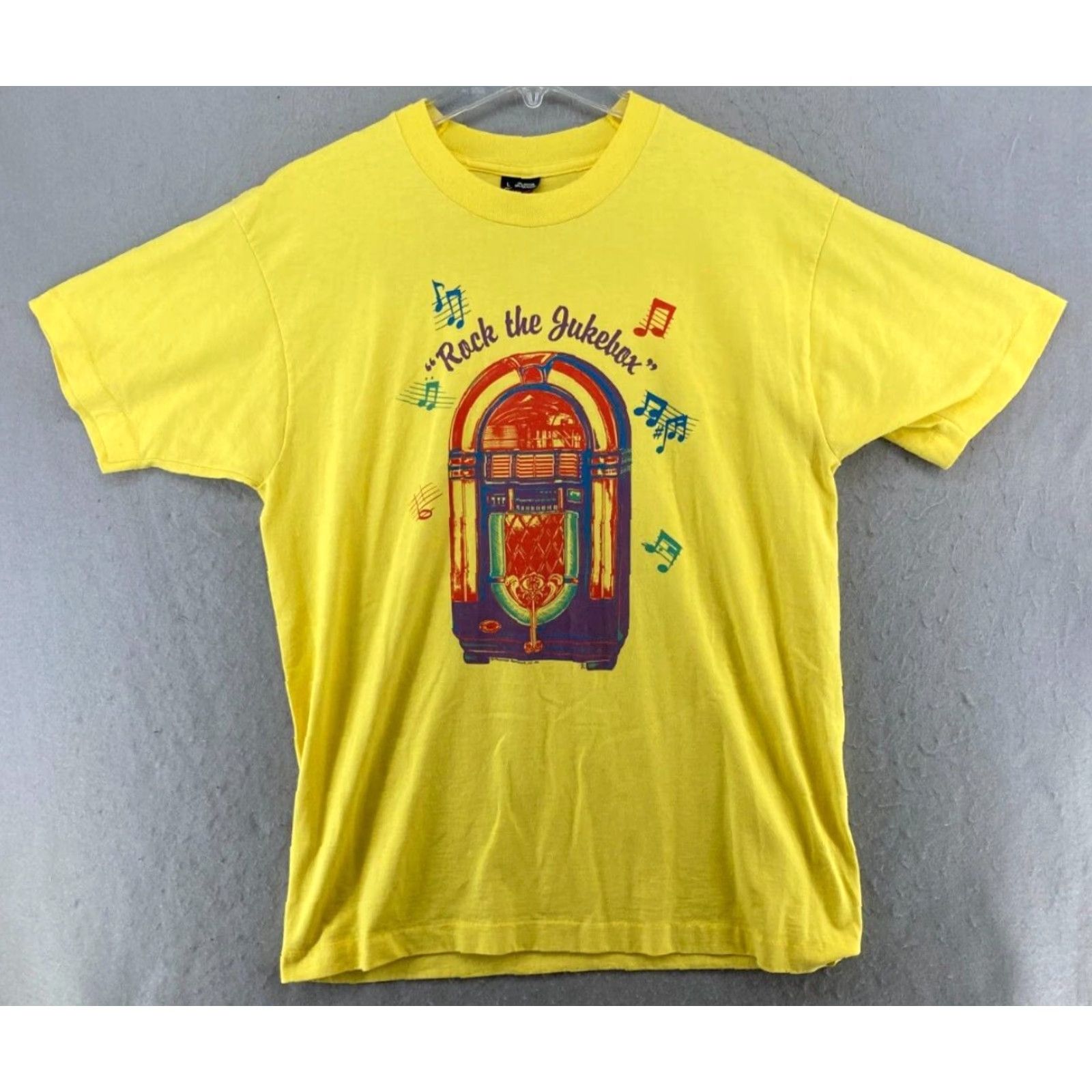 Fruit Of The Loom VINTAGE Fruit of the Loom Mens TShirt L Yellow USA MADE Rock The Jukebox Shirt Short Sleeve Crew Neck Graphic Print Size US L / EU 52-54 / 3 - 2 Thumbnail