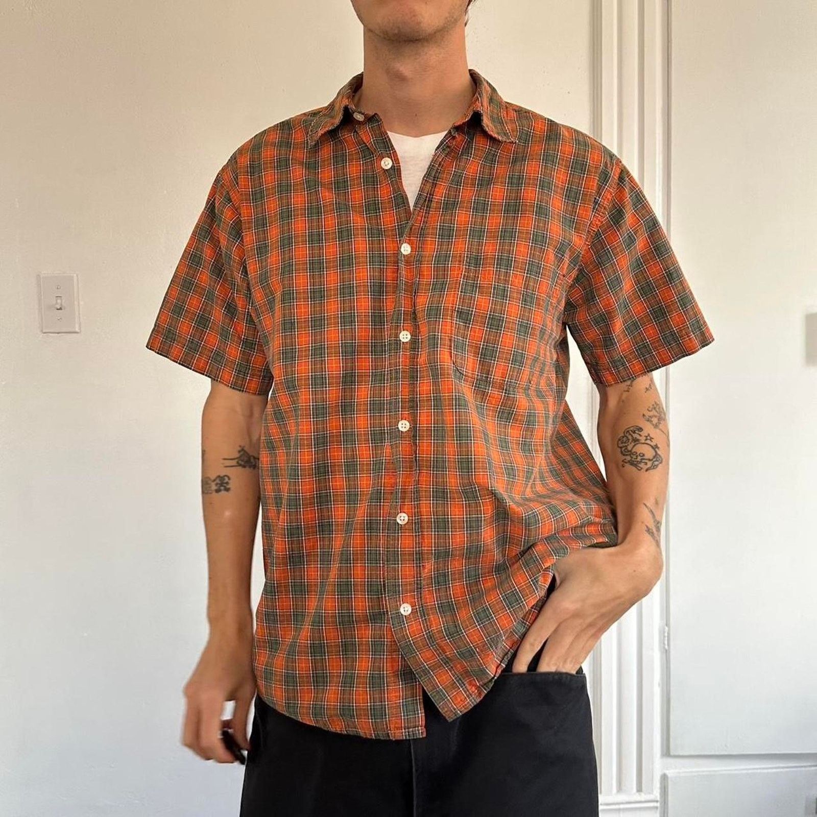 Old Navy Y2K Old Navy Orange Green Plaid Short Sleeve Button Up Polo Size US L / EU 52-54 / 3 - 2 Thumbnail