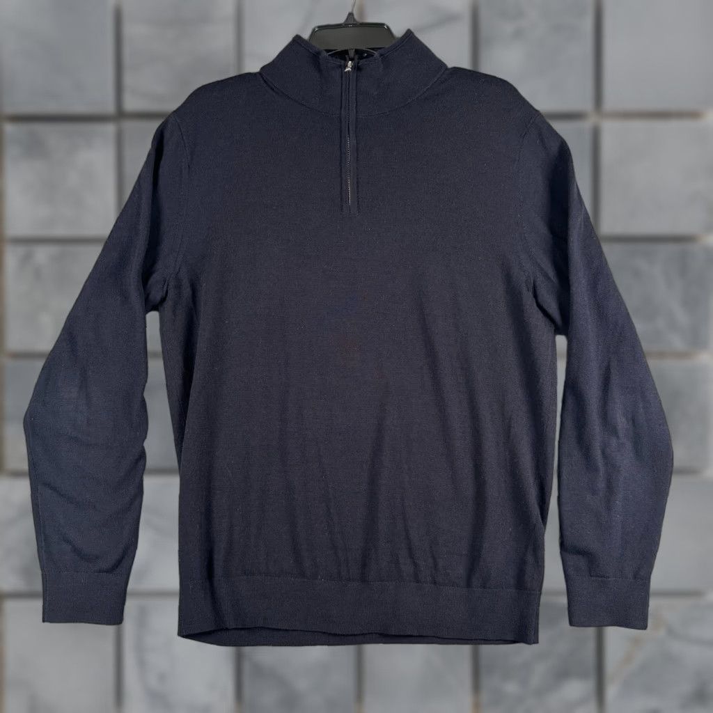 Reiss Blackhall Sweater Mens L Navy Long Sleeve 1/4 Zip Merino Wool Flaw