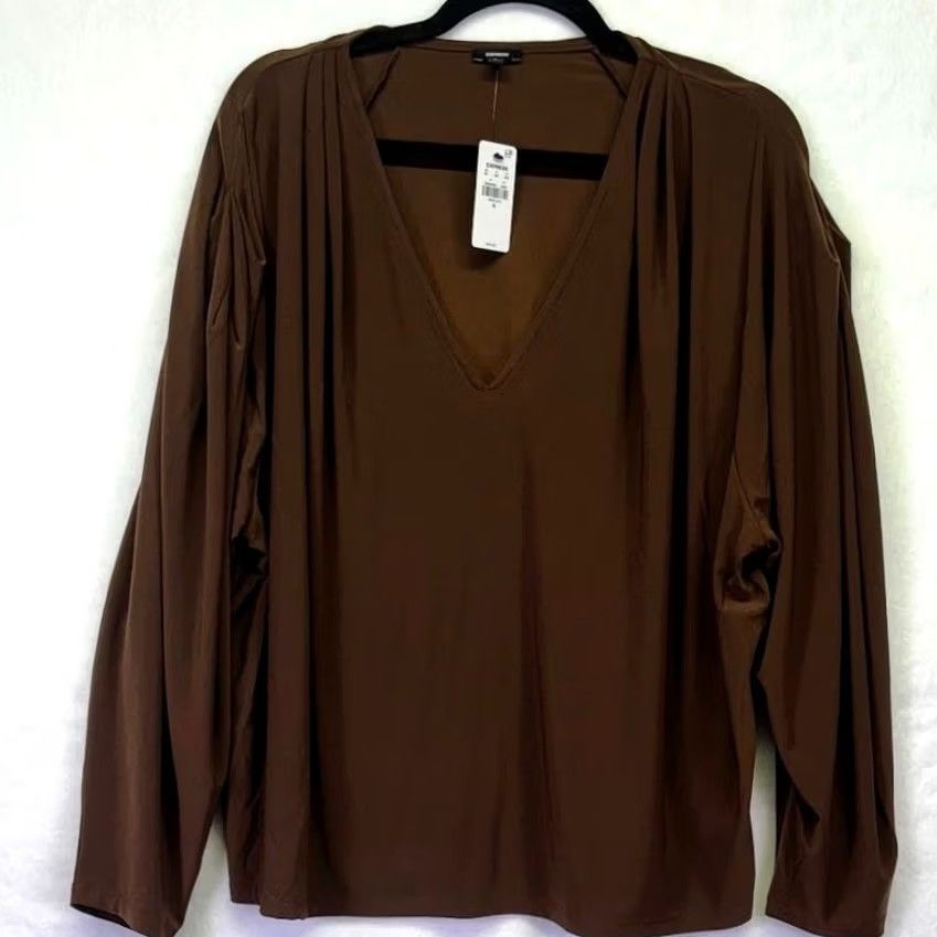 Express Express Blouse Shirt Womens XL Brown V-Neck Long Sleeve Pleated Shoulder Top Size XL / US 12-14 / IT 48-50 - 3 Thumbnail