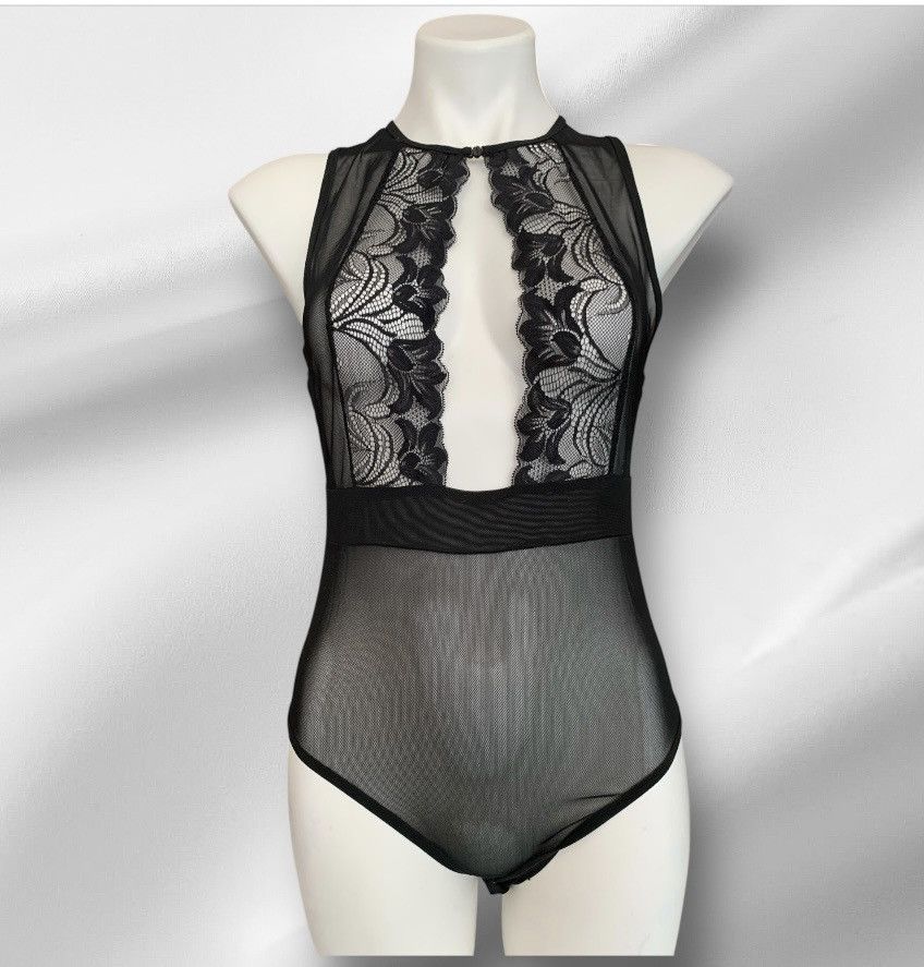 Designer NWT Black Mesh One Piece Bodysuit Lingerie Embroidered Lace Size M / US 6-8 / IT 42-44 - 10 Thumbnail