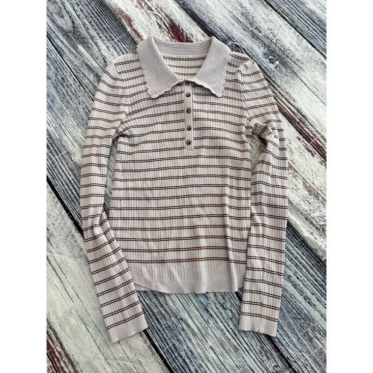 Other Striped Ribbed Polo Stretch Knit Top - Lavender with Brown S Size S / US 4 / IT 40 - 2 Thumbnail