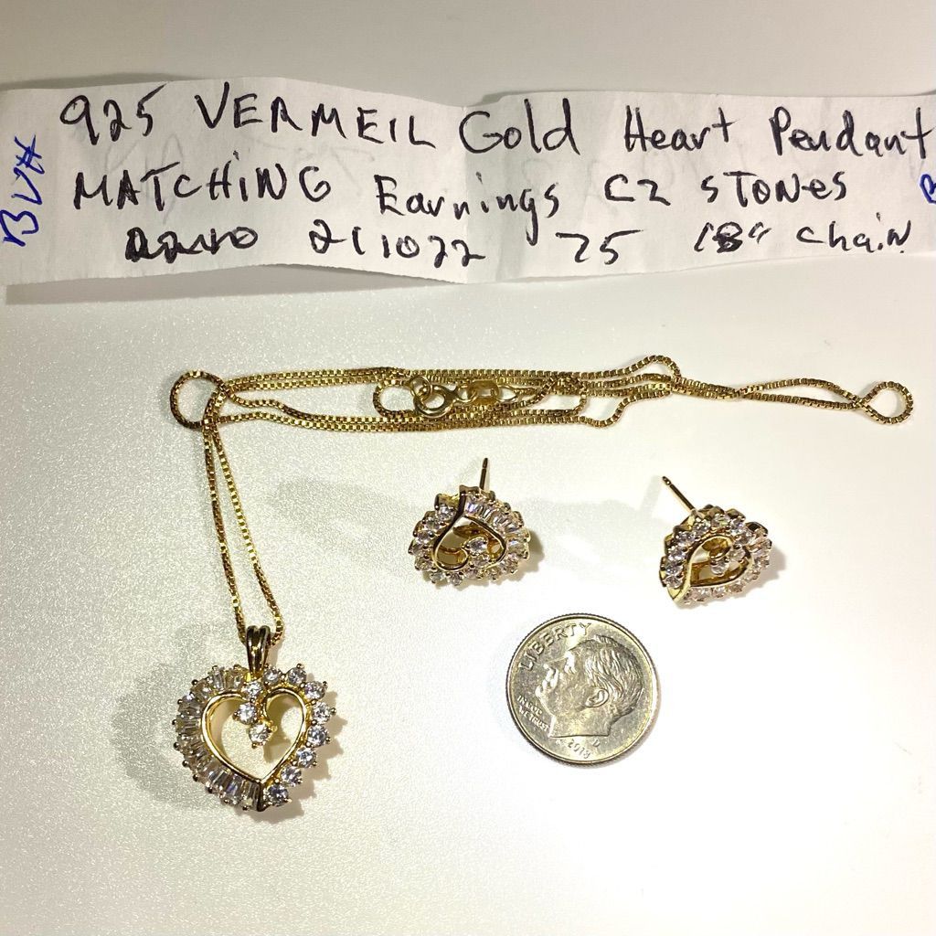 BV# Vermeil 925 Gold & Cz Heart 18” Necklace & Earrings