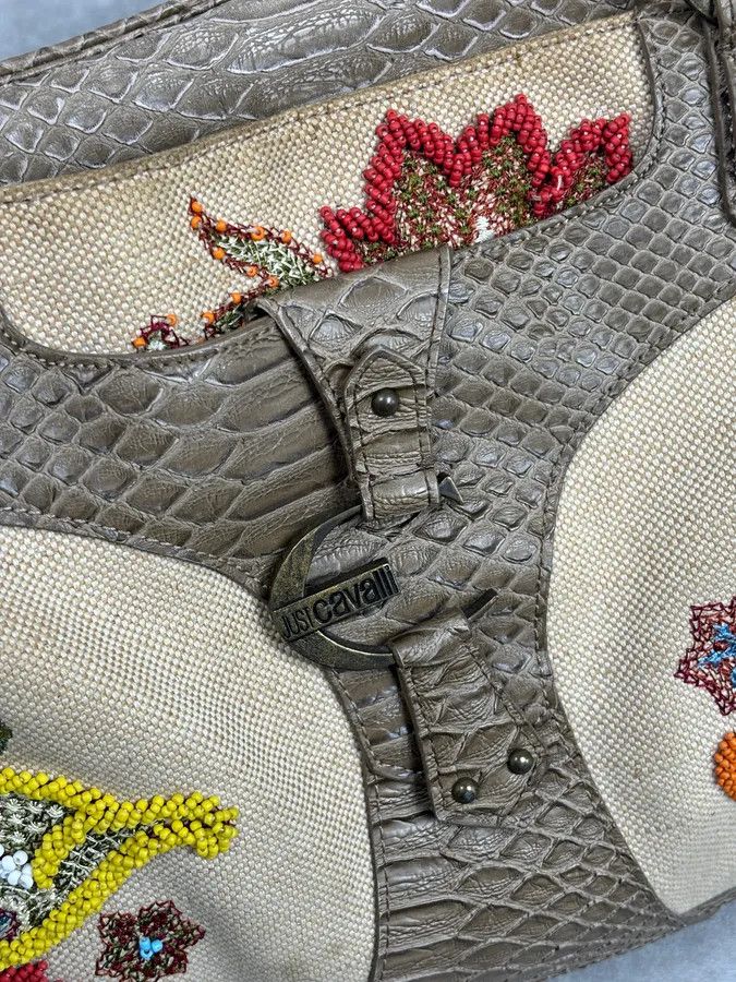 Just Cavalli Just Cavalli Beige Python Embroidered Beaded Tote Handbag Size ONE SIZE - 10 Thumbnail