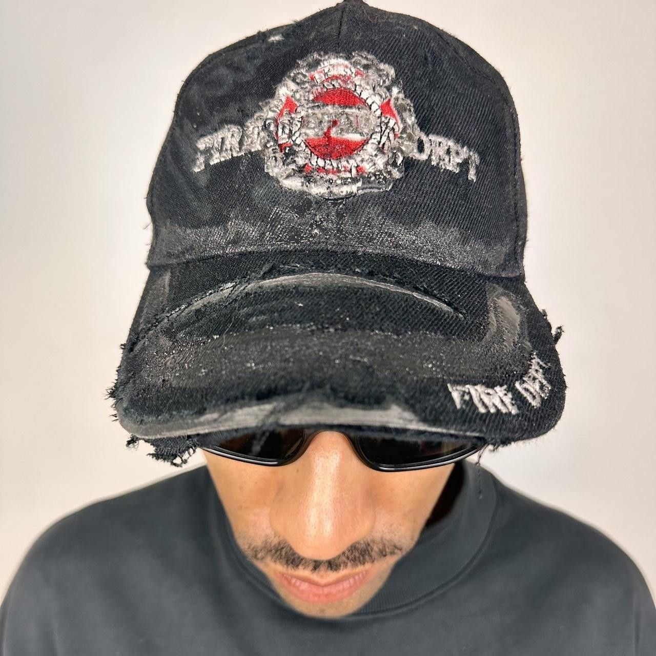 Vintage ASTROBOI* 'Fire Dept.' Black Distressed Rhinestone Hat Size ONE SIZE - 1 Thumbnail